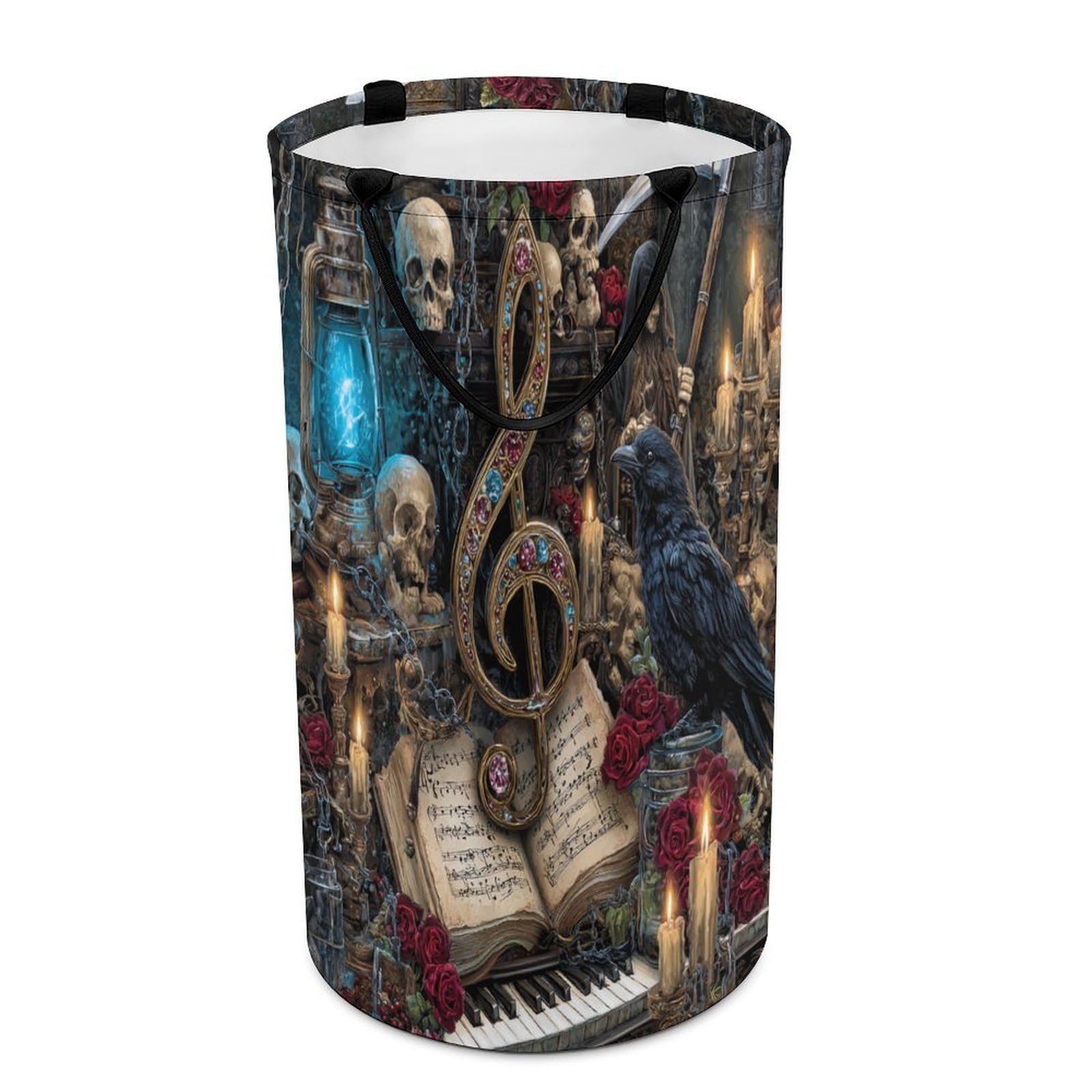 LUYYSKY Modern Music Instrument Piano Versatile Storage Laundry Basket, Beautiful Gothic Skull Skeleton Musical Note Animal Crow Roses Floral Large Bathroom Hamper With Handle-40 CM Dia, 69 CM High
