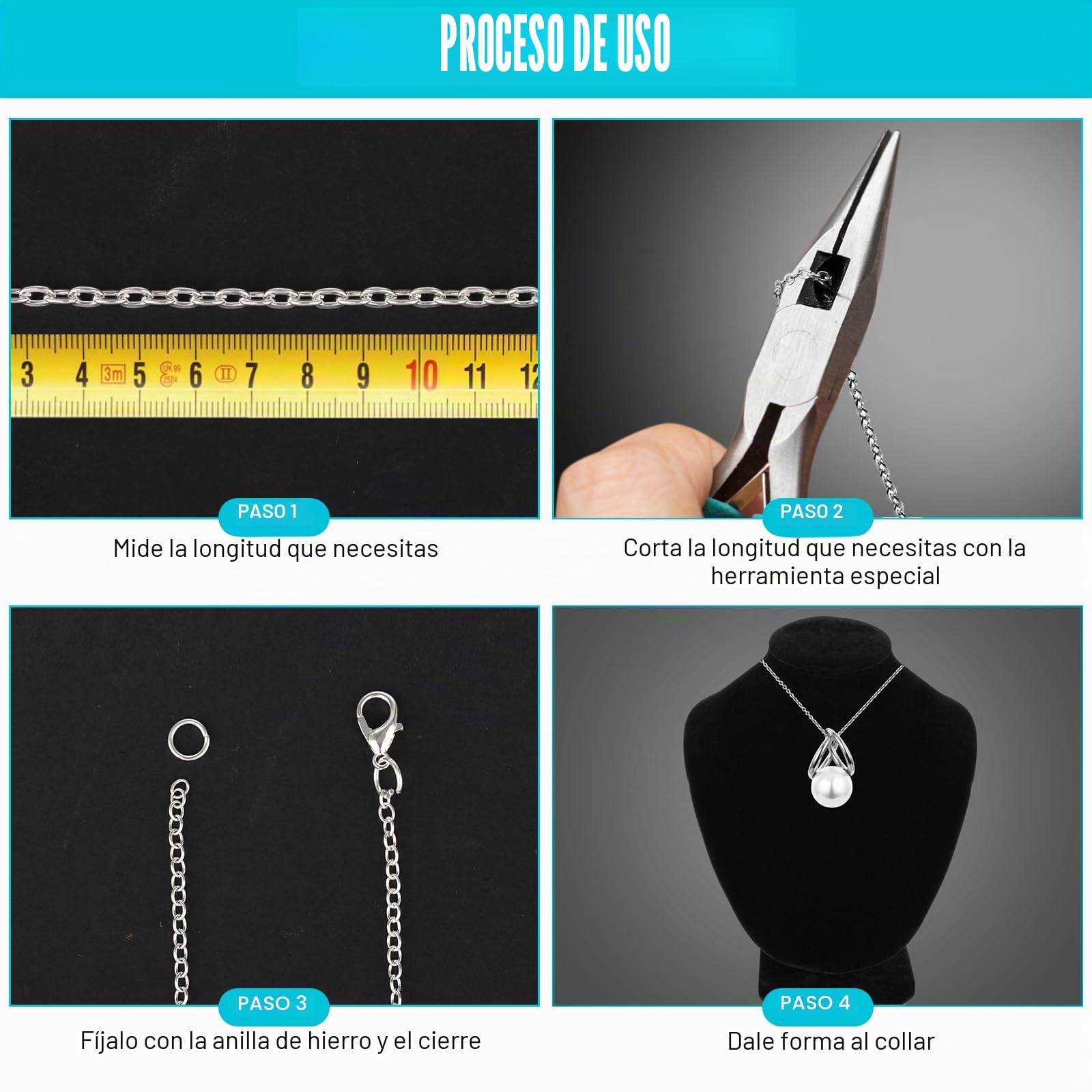 Draupnir 14m 6 Rollos Cadenas Hacer Joyas, Cadena de Collar Plata Kit Cadena Eslabones con Cierres de Langosta, Anillos de Salto y Cierre en Forma de U para Accesorios DIY Hacer Joyas