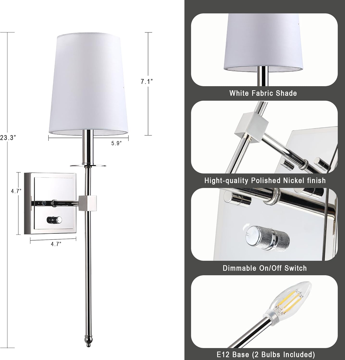 Untrammelife Wall Sconces Set of Two, Modern Farmhouse Sconces Wall Lighting with Dimmer ON/Off Switch, Industrial Hardwired Wall Lamps for Bedrooms, Living Room, Bathroom, Vanity (Bulbs Included)