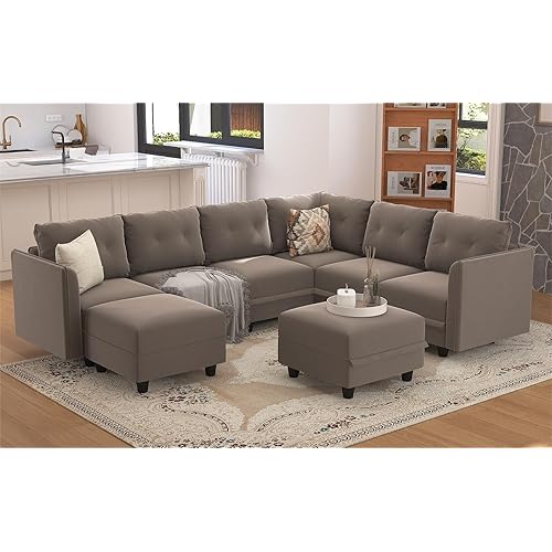 LLappuil Modular Sectional Sofa with Reversible Chaise, Oversized U Shaped Sectional with Storage, Waterproof, Anti-Scratch and Antistatic Velvet Couch, Grey Brown