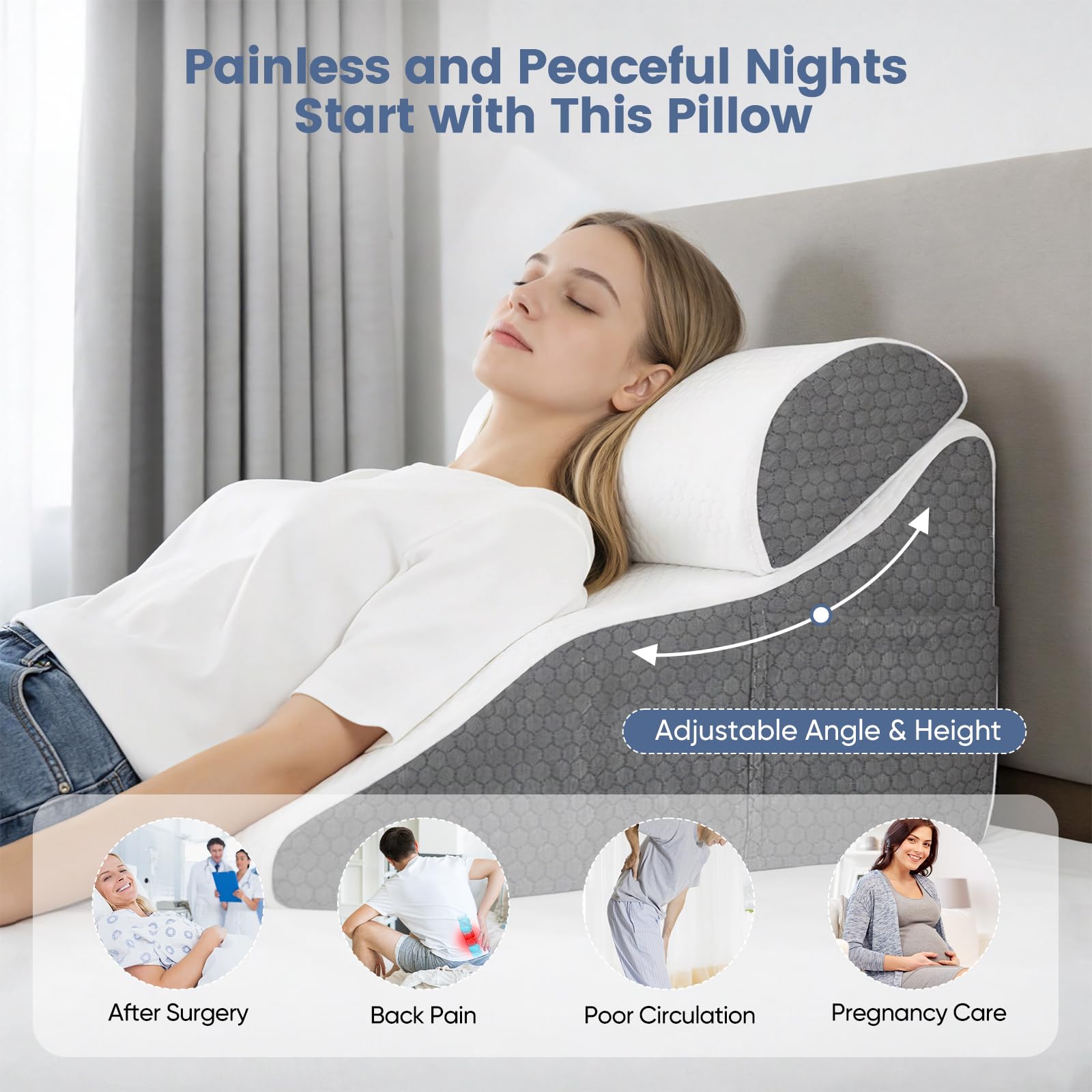 Coussin de lecture pour lit et canapé, coussin biseauté incurvé avec mousse à mémoire de forme, oreiller de dossier ergonomique, coussin reflux, housse lavable, coussin reflux adulte, 50 x 50