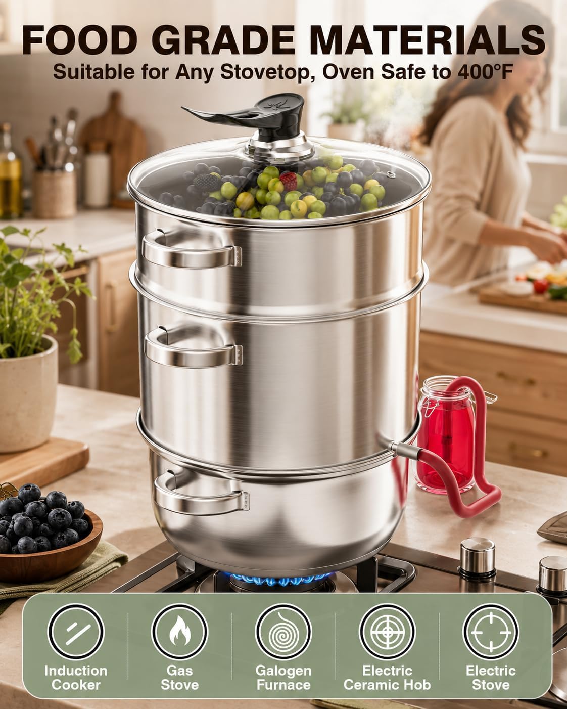 WantJoin Steam Juice Extractor Stainless Steel- 11QT Fruit Vegetables Steam Juicer for Canning 3-Layer with Tempered Glass Lid, Hose, Clamp Steamer Juicer for Making Juice, Jelly, Syrup, Silver