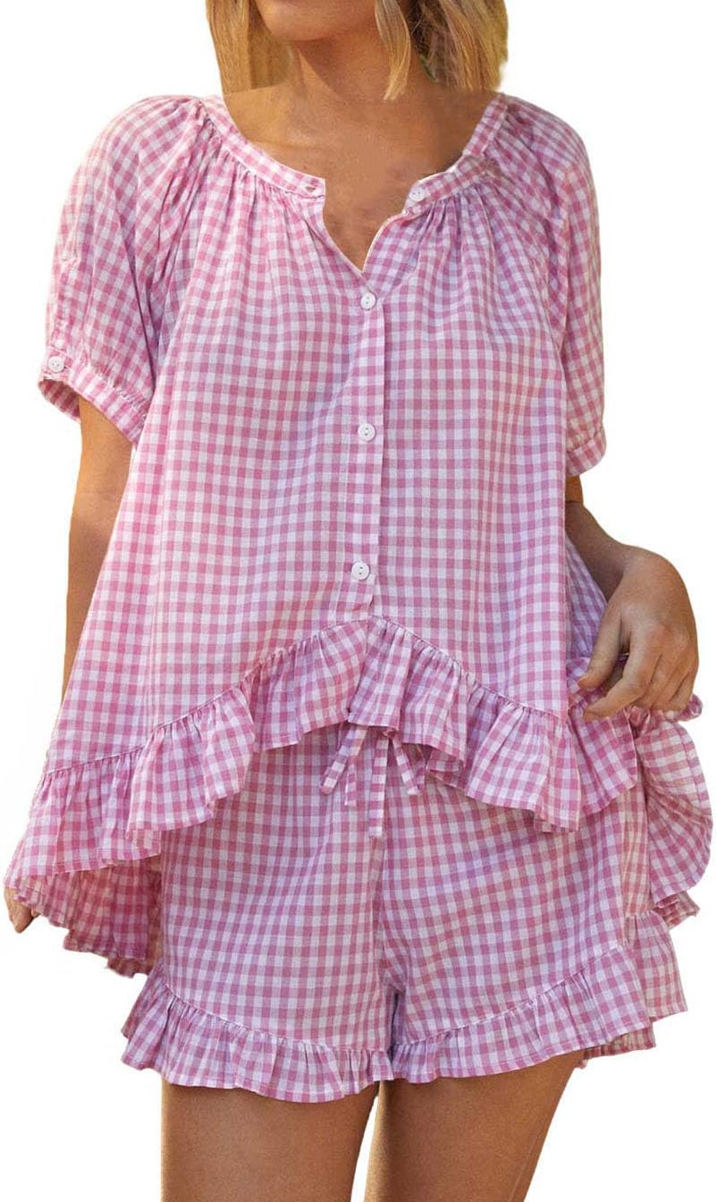 Womens 2 Piece Ruffle Pajama Set Gingham Pjs Short Sleeve Babydoll Shirt and Shorts Plaid Summer Outfits