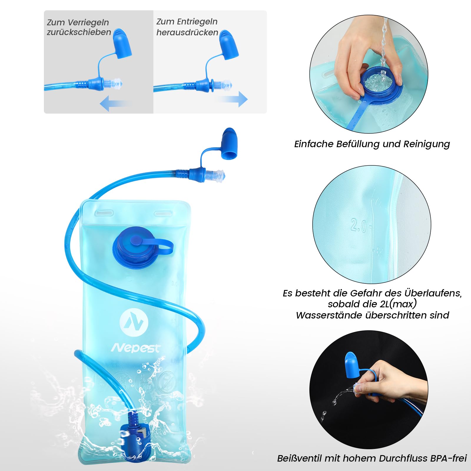 Nepest 6L Fahrradrucksack mit 2L Trinkblase – Leicht & Atmungsaktiv, Grau | Verstellbare Gurte, Aerodynamisch, Wasserdicht , 2L BPA-freie Blase, Soft-Biss, MTB, cycling, bike, biking, Laufen, Skifahren
