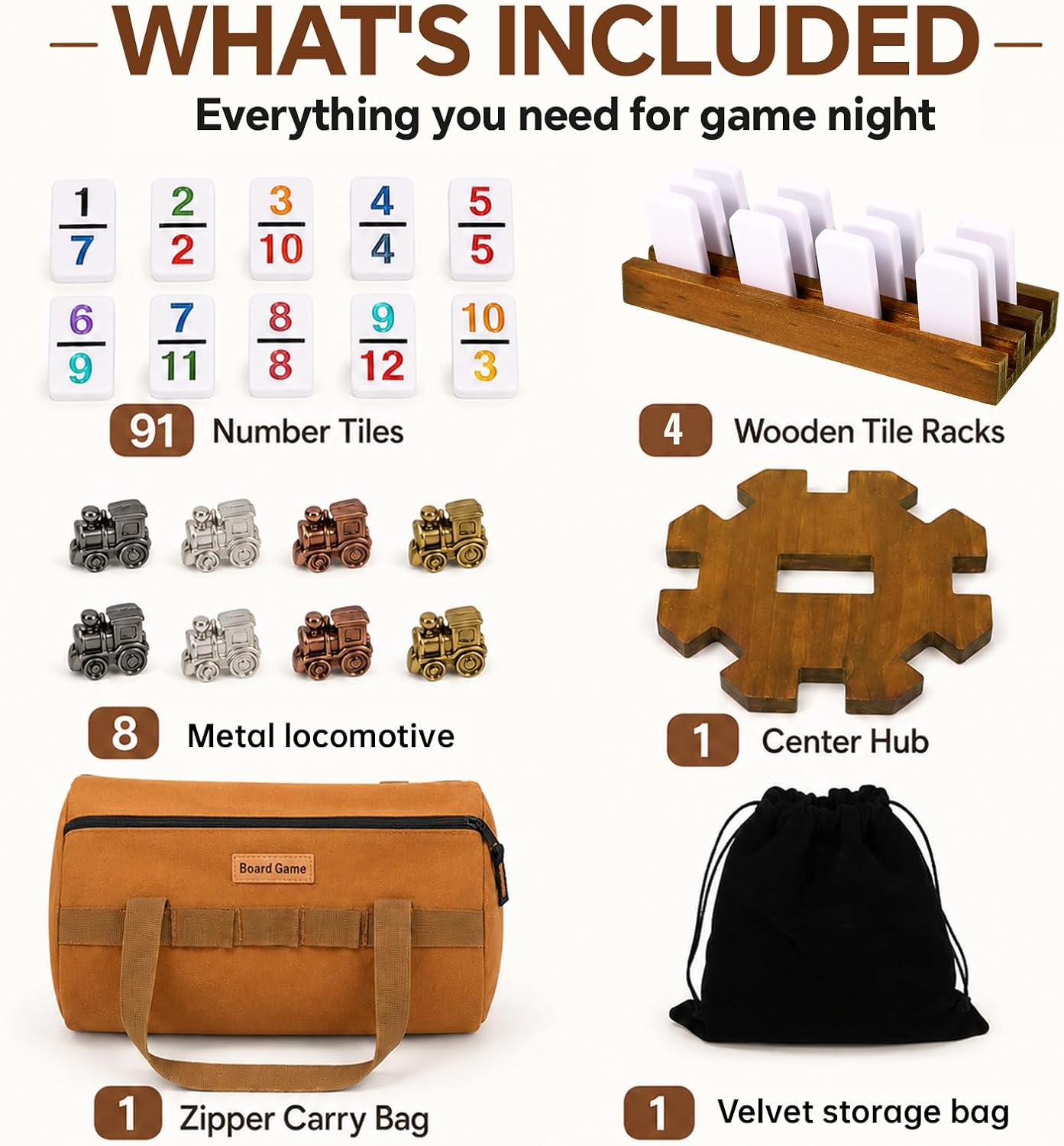 Jyquorp Mexican Train Dominoes Double 12 Number Tiles, 4 Wooden Racks, Bag image 3