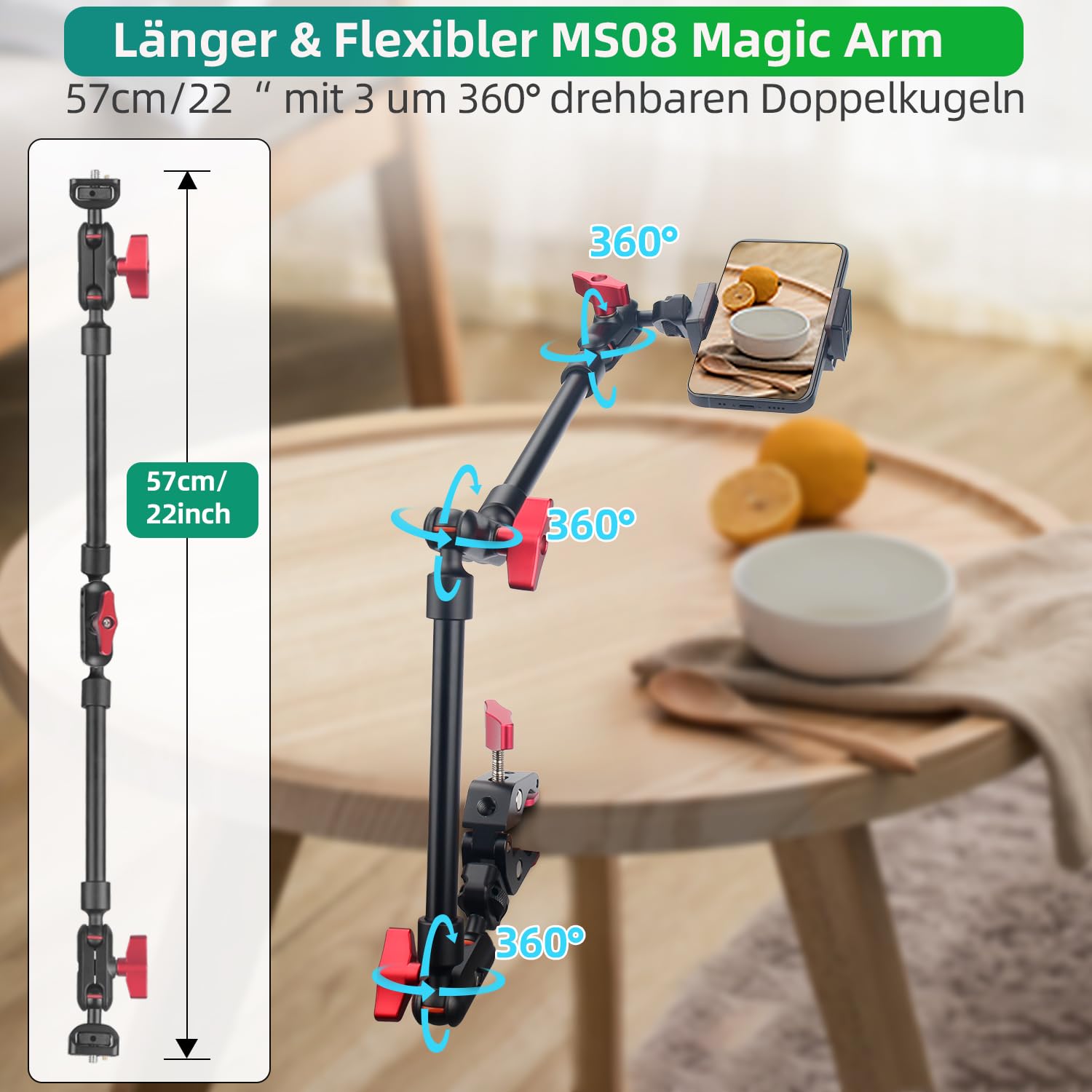 22"/56cm Magic Arm mit Super Clamp, Flexibel Kamera Tischstativ & Klemme, Kamera Halterung für Action Kamera, Webcam, Mikrofon - rot-schwarz