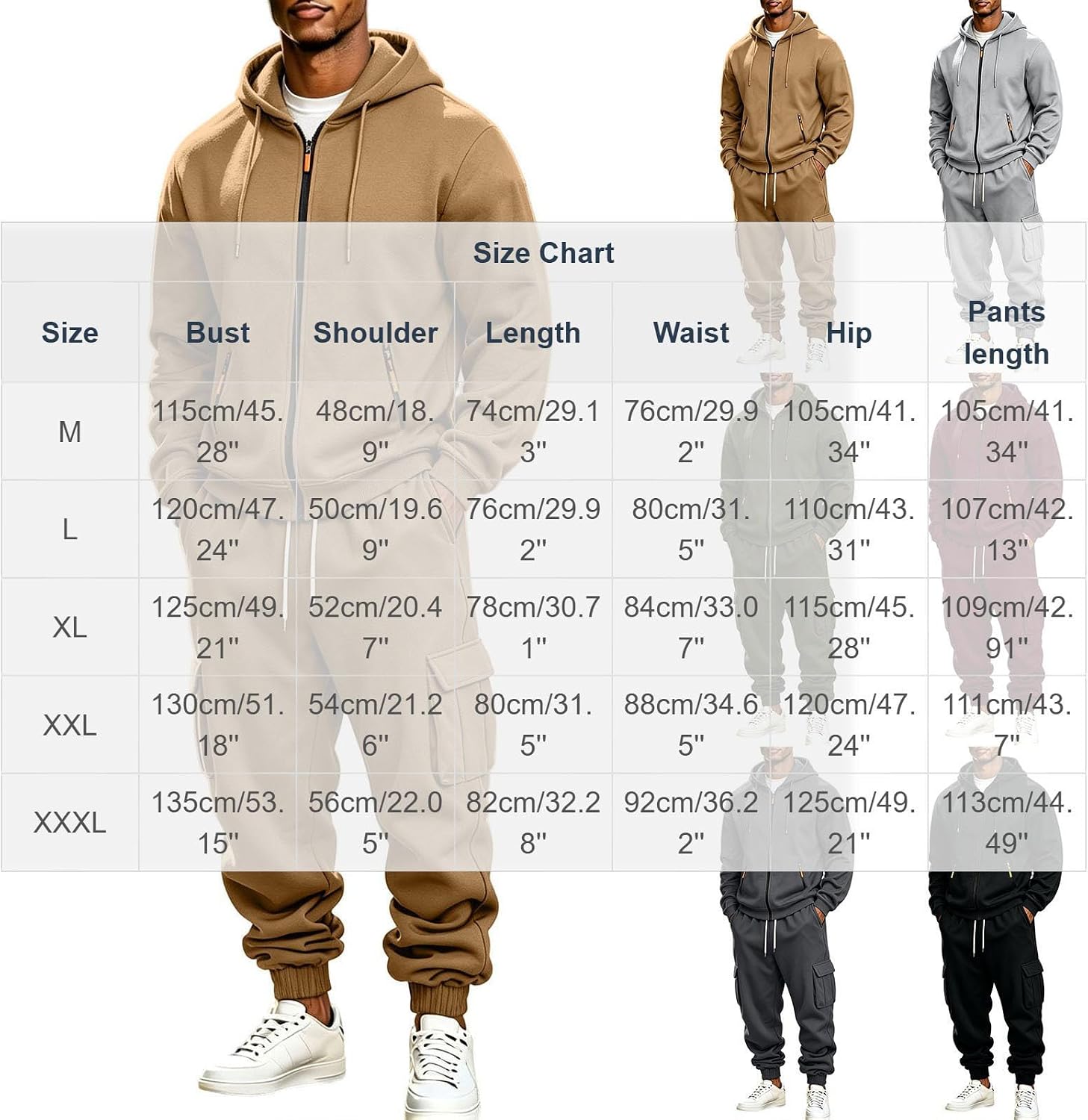Men's Full Zip Cargo Hoodie Set Multi Pocket Sweatpants Tracksuit
