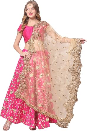 DUPATTA BAZAAR Womens Gold Embroidered Glass Tissue Dupatta with Cutwork