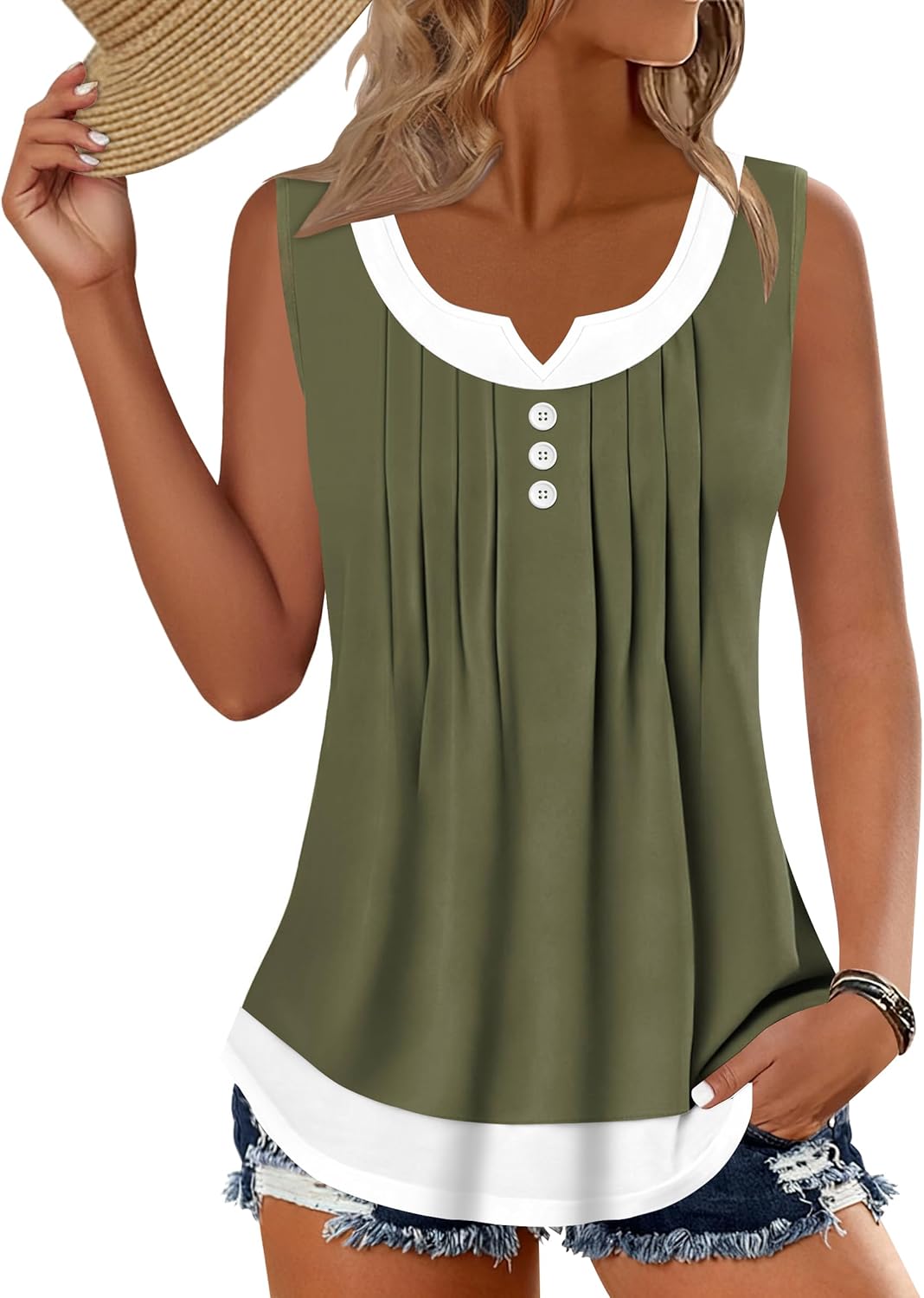 Womens Summer Tops Casual Scoop Neck Button Pleated Sleeveless Shirts Loose Fit Trendy Blouses
