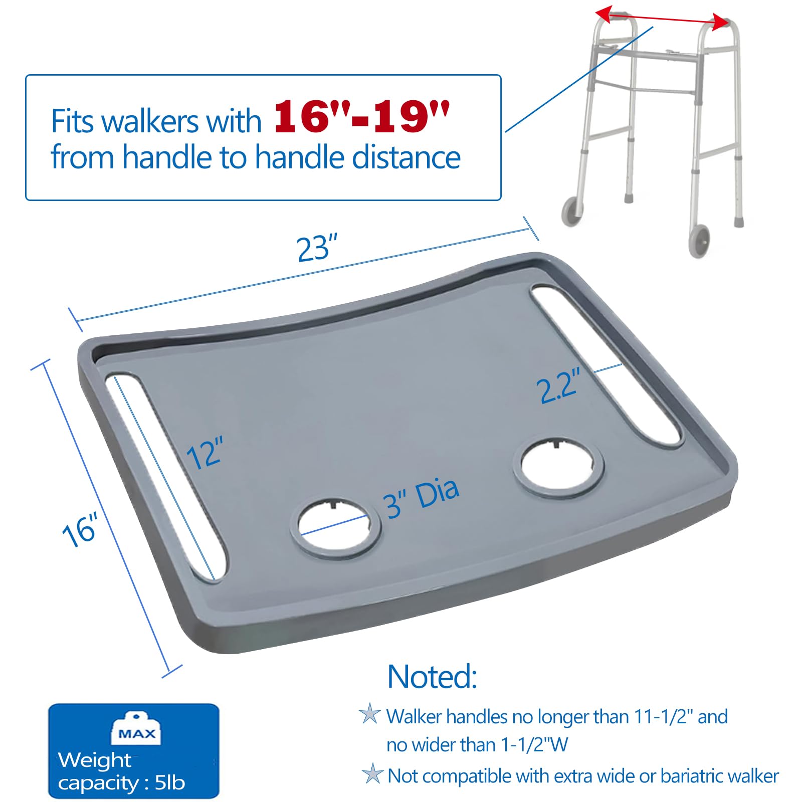 Bandeja de andador universal - guardapiernas plegables (16-19 pulgadas de ancho) para andadores y andadores, superficie antideslizante con portavasos, diseño fácil de agarrar para ancianos y discapa