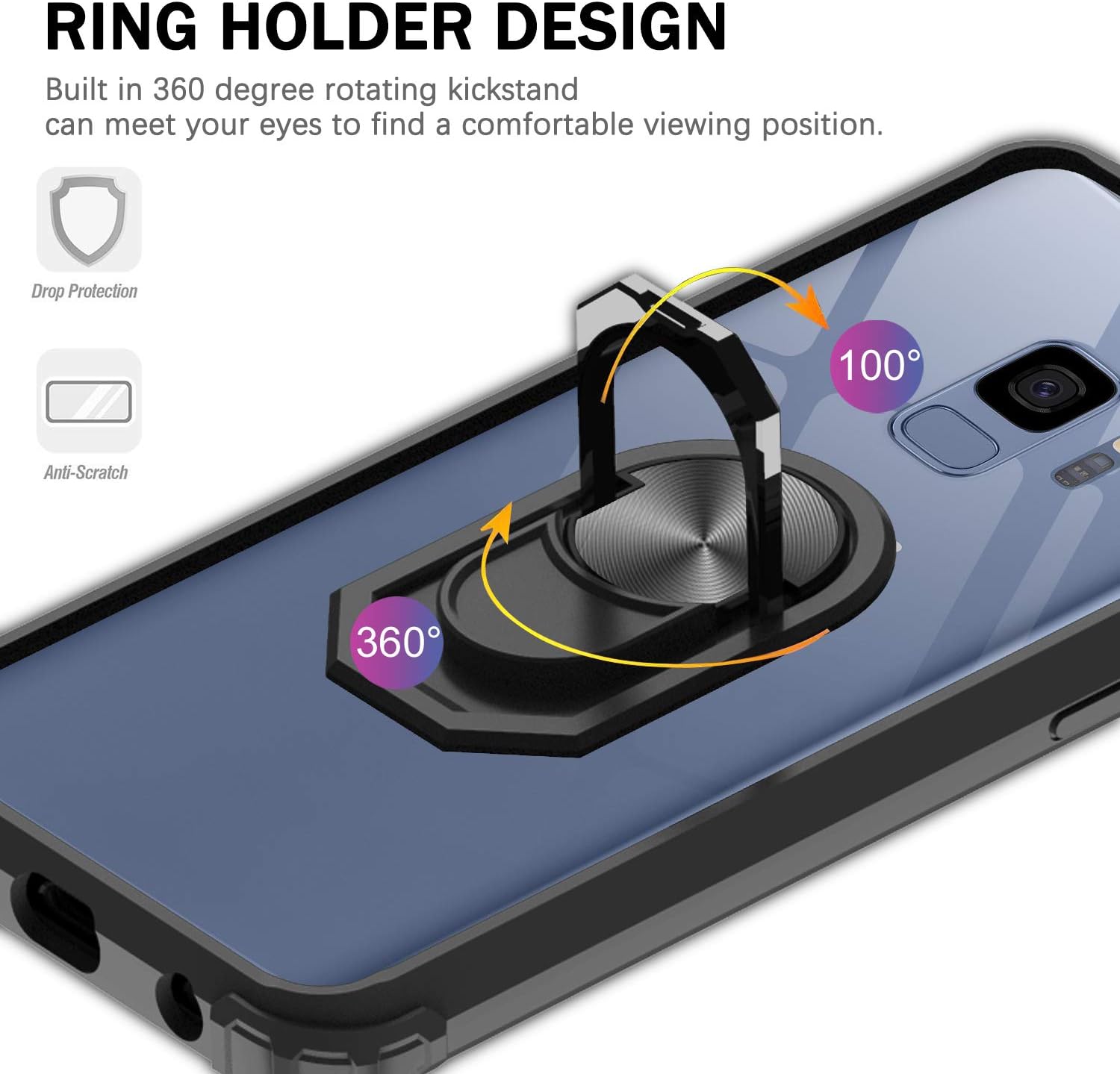 LeYi Samsung Galaxy S9 Case with [2 Pack] 3D PET Screen Protector, Clear Crystal Military-Grade Protective Phone Case with Ring Car Mount Kickstand for Samsung S9, Black