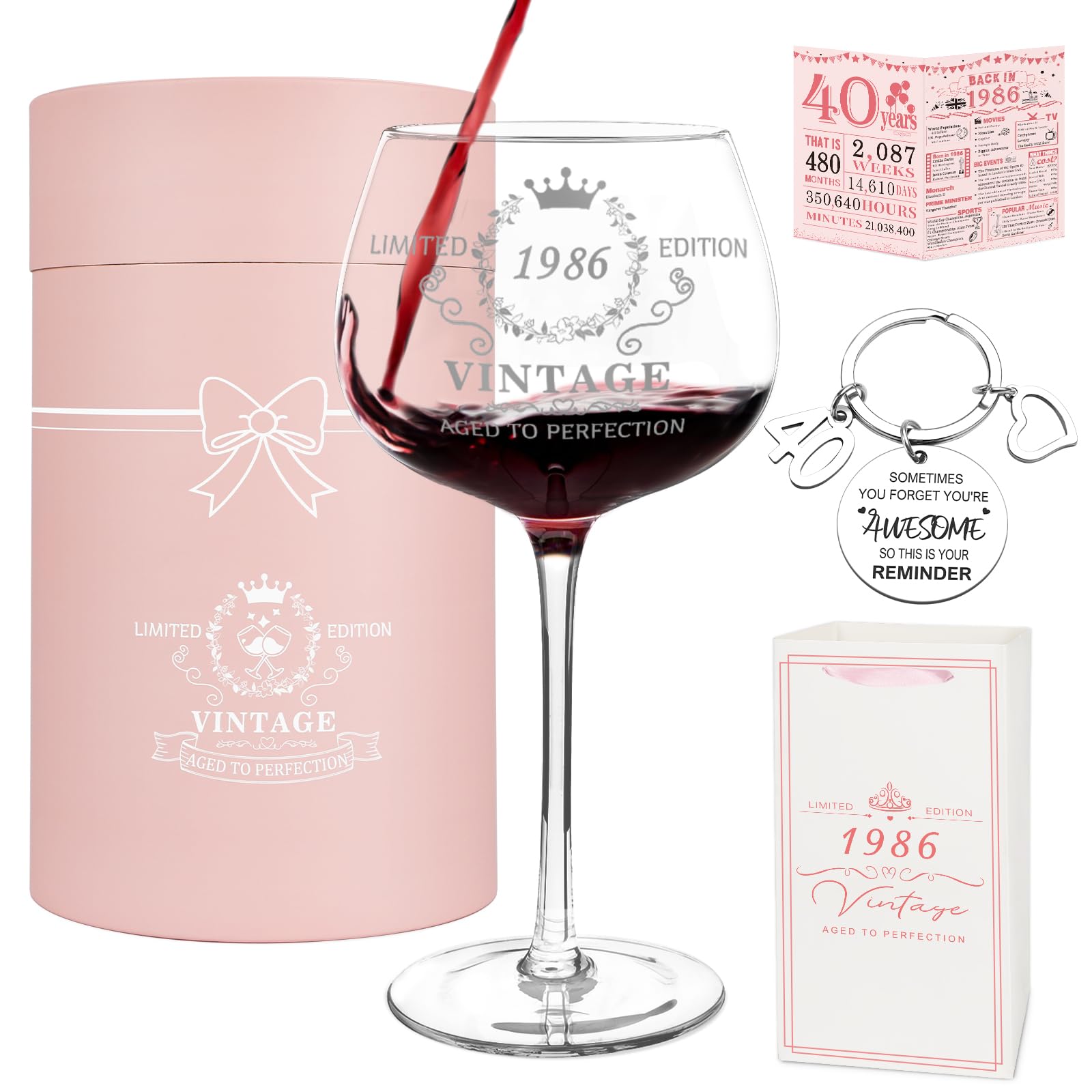 Vanqruo 40th Birthday Gifts for Women,Vintage 1986 Platinum Print Wine Glass, 40th Birthday Decorations for Women, Happy 40 Year Old Gift Ideas for Her, Wife, Friends - 16Oz Wine Glass