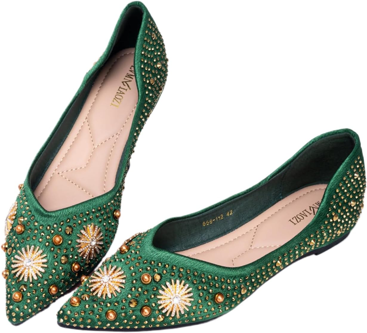 Women's Rhinestone Flats Fashion Pointed Toe Pearl Diamond Low Heel Dress Wedding Flats Work Business Casual Flats Shoes