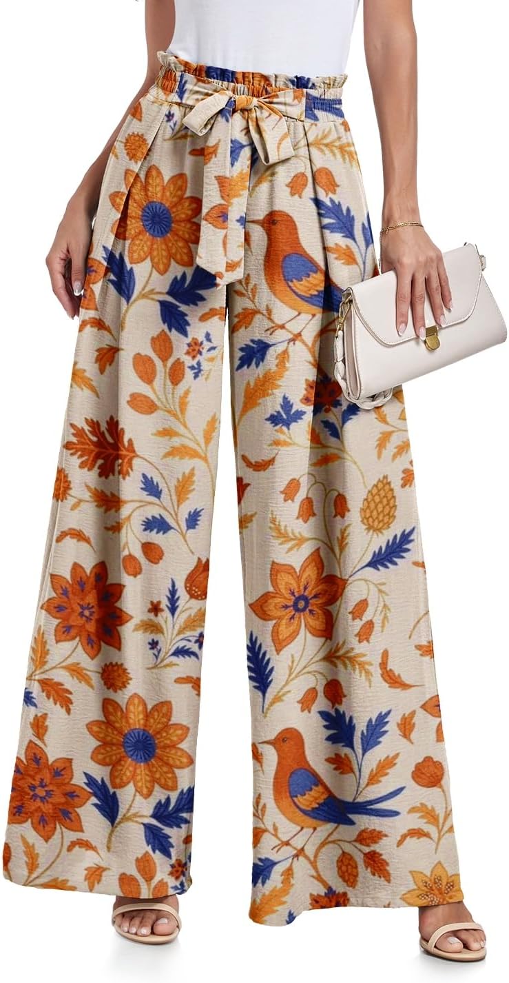  Wide Leg Pants for Women High Waisted Palazzo Pants Work Casual Flowy Tie Knot Trousers with Pockets thumbnail