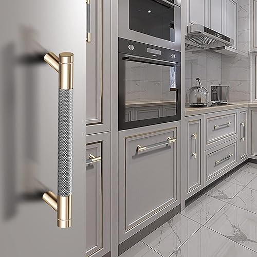 Miniatura 5 de Guoharda Paquete de 12 manijas moleteadas de gabinete de 3 pulgadas 2.992 in, tiradores de aluminio, acabado de oxidación dorado y gris, con patrón