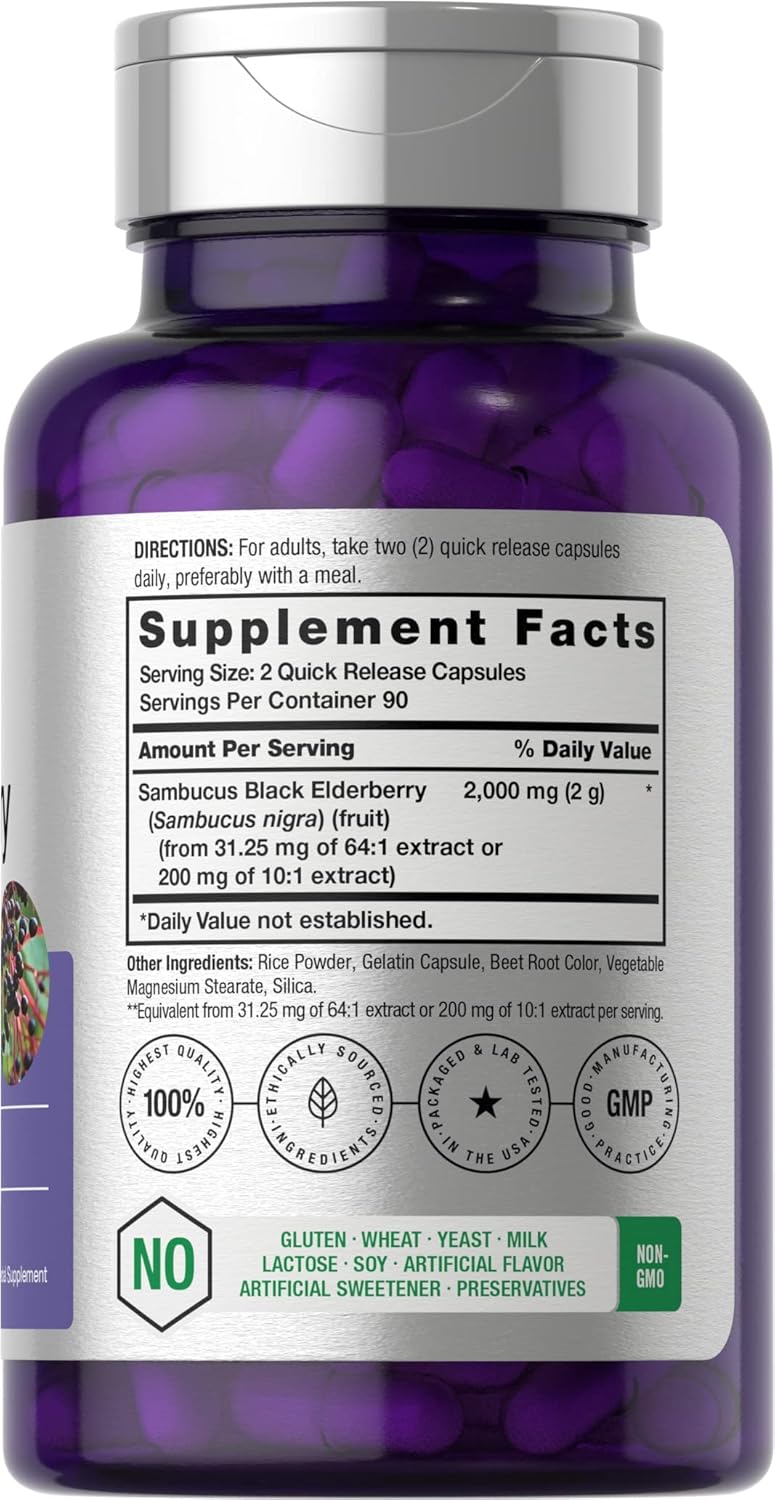 Black Elderberry | 2000mg Capsules | 180 Count | Non-GMO, Gluten Free | Sambucus Extract Supplement | by Horbaach : Health & Household