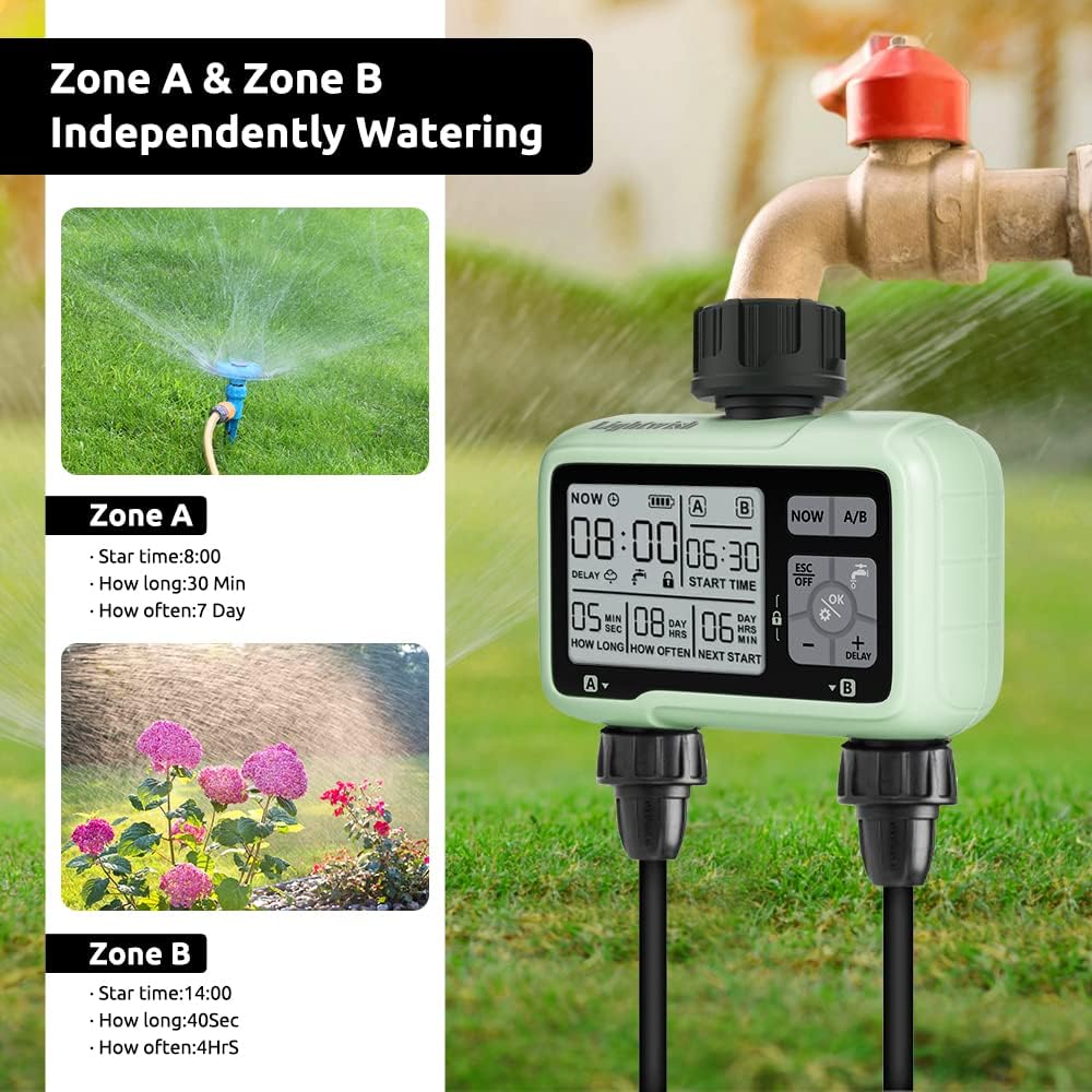 Lightwish 2-Zone Sprinkler Timer with independent watering zones A and B