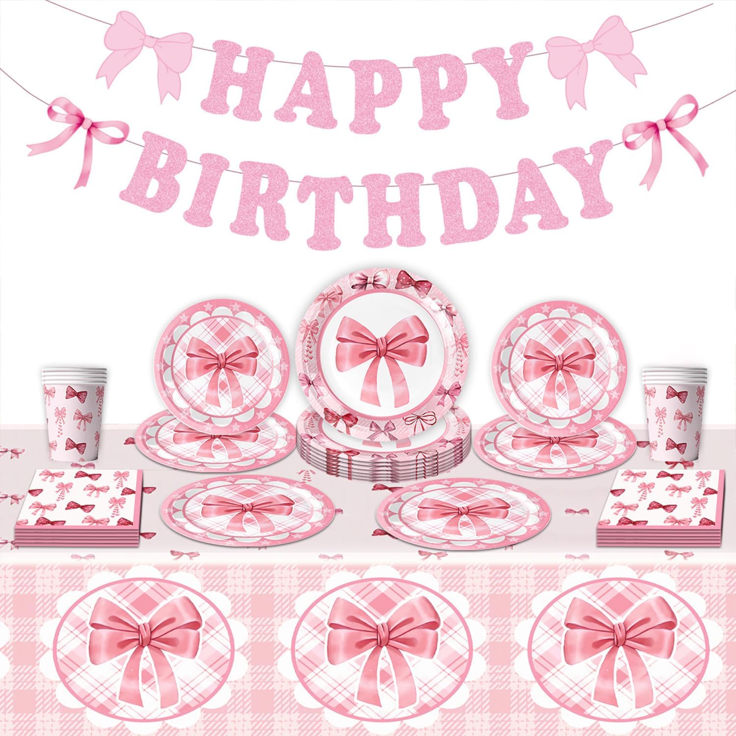 Pink Bow Birthday Banner Set - 3 Pack Party Decorations With Cards & Ribbon - View #4