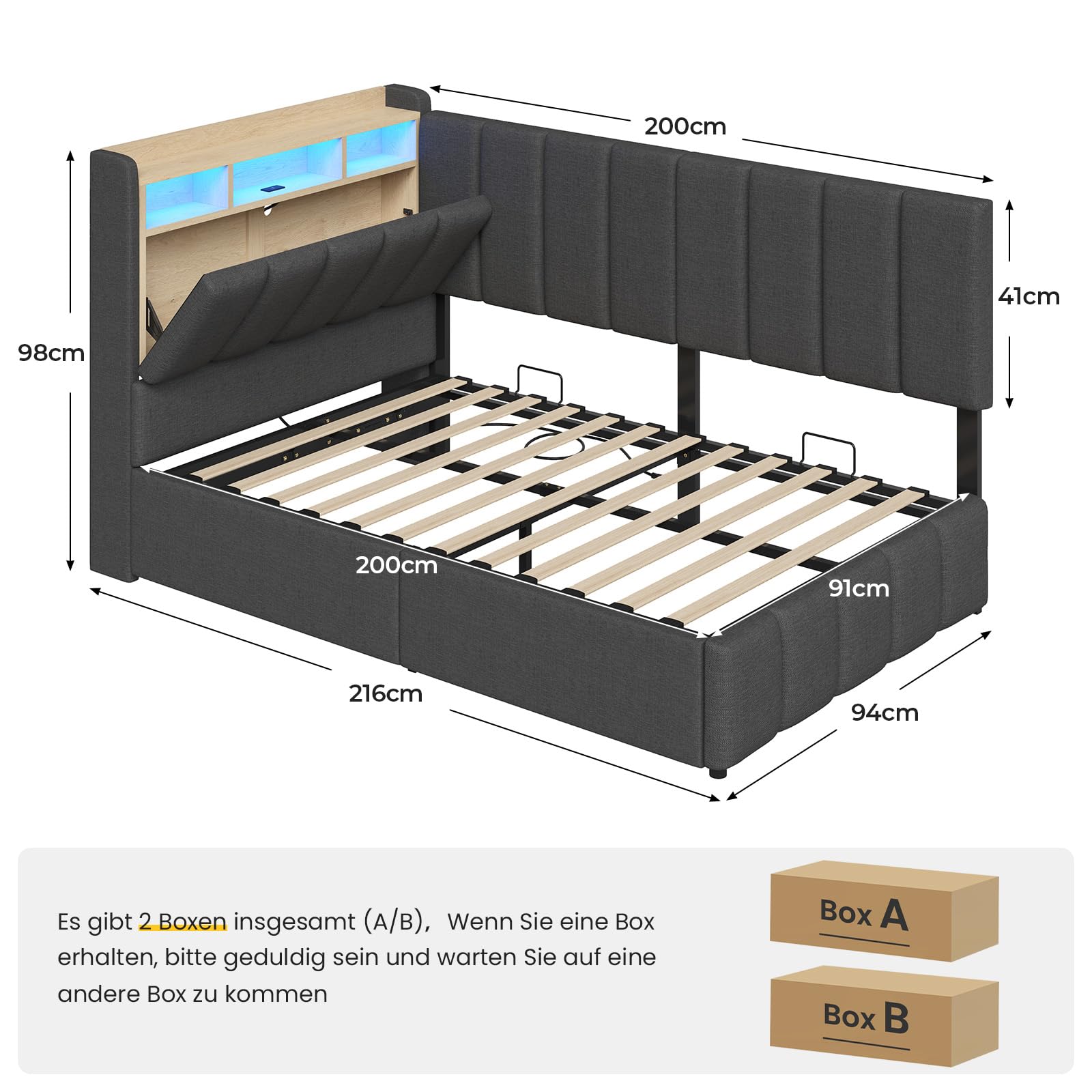 Polsterbett mit LED Beleuchtung, Jugendbett 90 x 200 cm, boxspringbett mit Ladestation, Kopfteil mit verstecktem Stauraum, Bettgestell mit großer Bettkasten, für Schlafzimmer, Gästezimmer, Grau