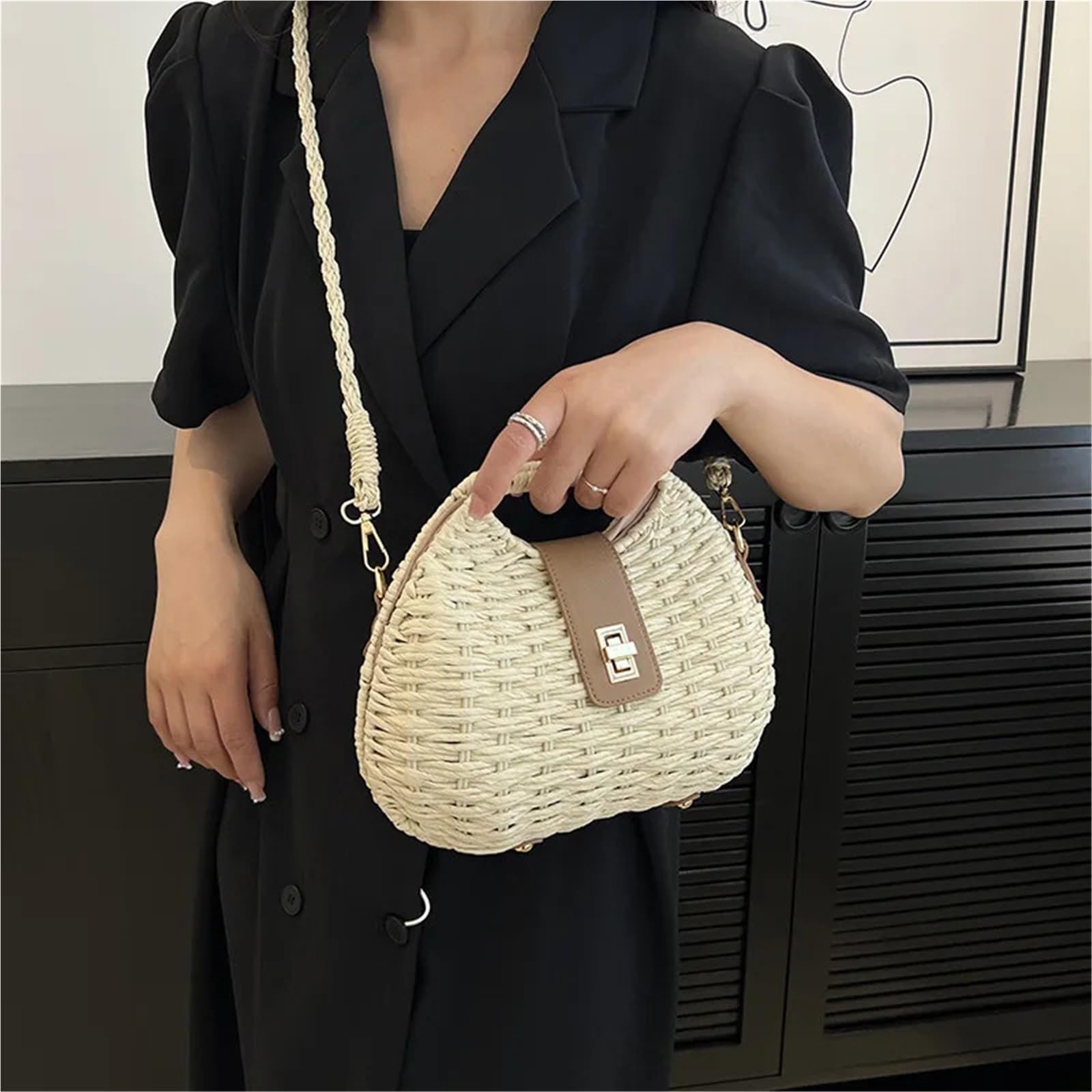 bolso paja Bolso de paja mimbre tejido a la moda for mujer, bolsos viaje verano, playa, Bali, hombro tipo bandolera