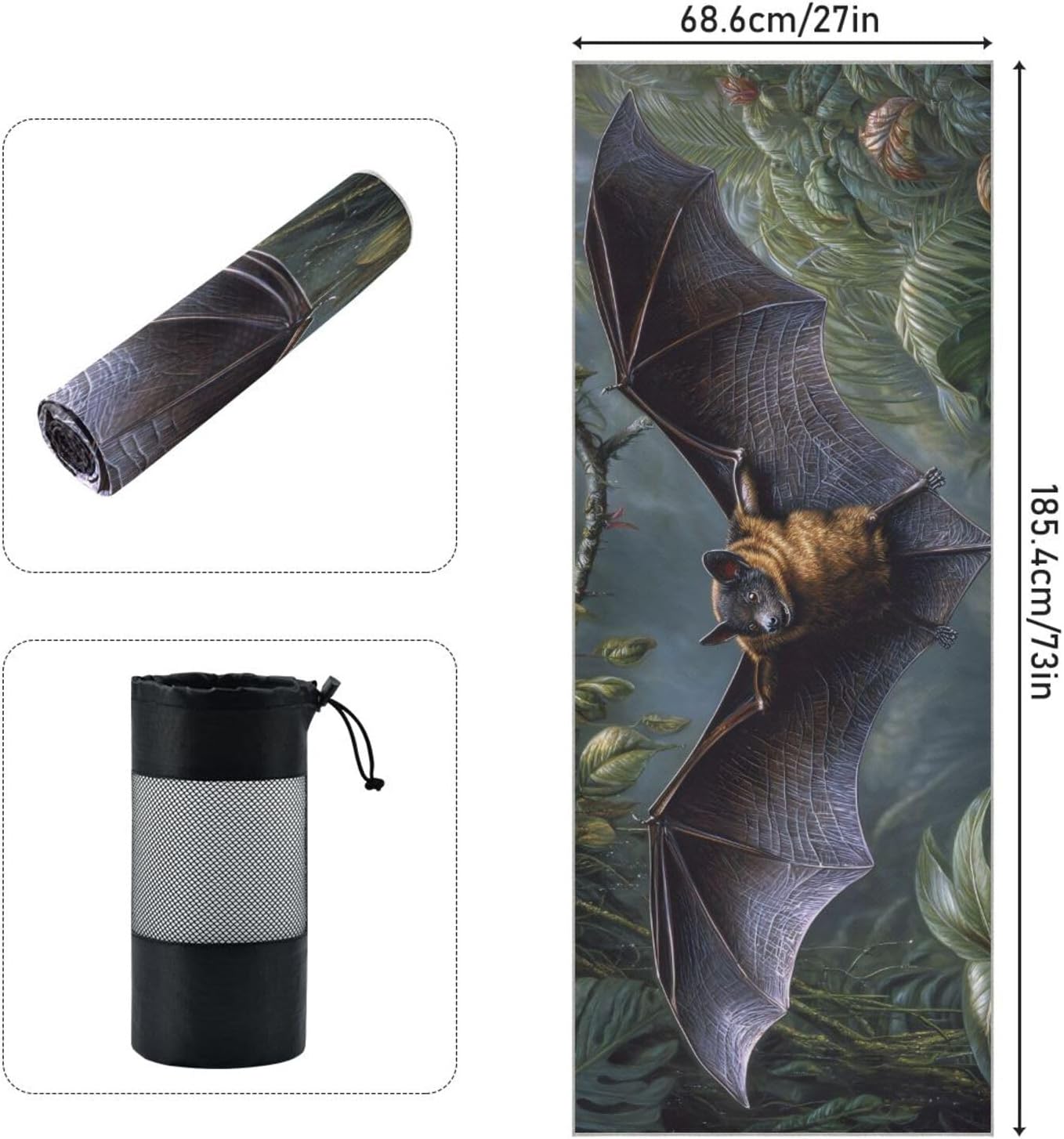 Bat Forest Hot Yoga Towel – Stylish, Non-Slip, Grip Dots, Super Absorbent, 27" x 73" - Yoga Mat Towels for Exercise, Fitness