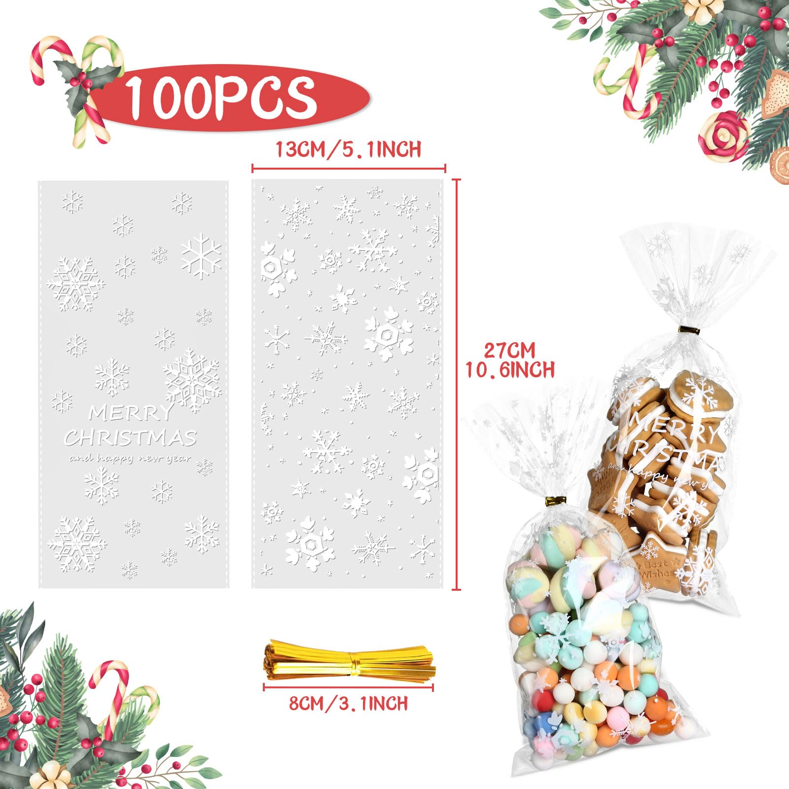 ELLIEX 50 Pezzi Sacchetti Biscotti di Natale, Trasparenti Cellophane