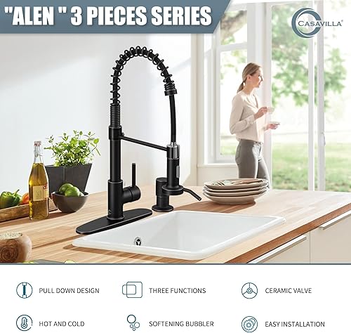 Miniatura 2 de Juego de grifos de cocina de un solo mango de bronce aceitado con rociador desplegable y dispensador de jabón, 17 pulgadas de alto