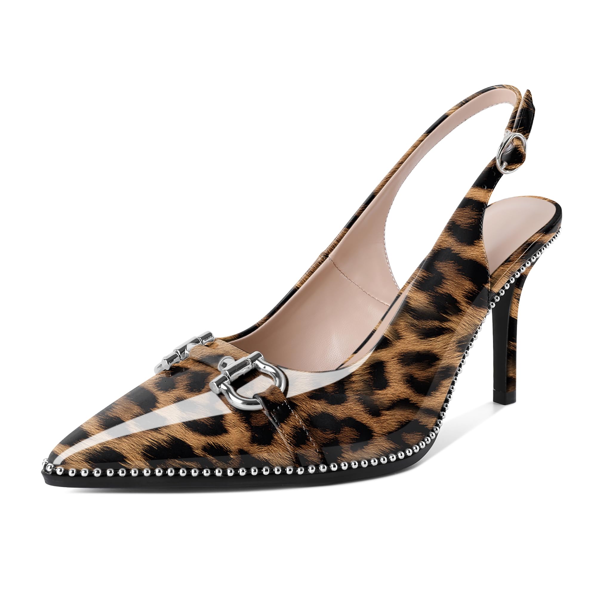 Soireelady Women Beaded Pumps High Heel Slingback Pointed Toe Slip On Stilettos Ankle Strap Adjustable Buckle 3.5 Inch Dress Shoes Patent Leather