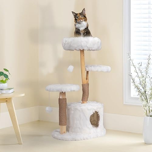 Miniatura 1 de Árbol moderno para gatos, torre de madera maciza natural, condominio de lujo de varios niveles con 2 postes rascadores, casa inferior de felpa y