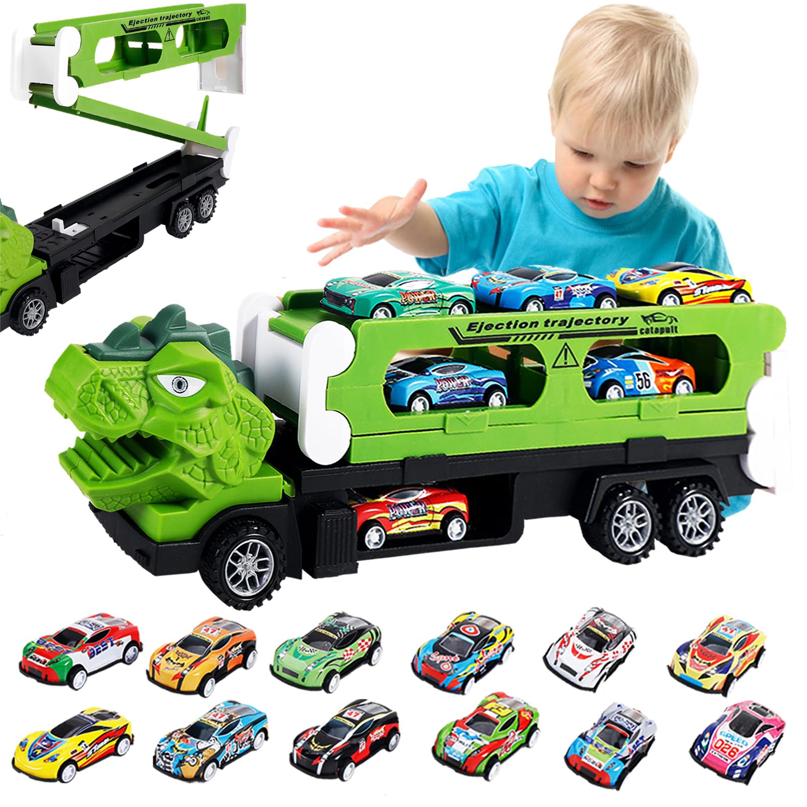 Kit de transport dinosaure 2 en 1 avec 12 voitures jouets en métal, circuit de course portable pour enfants, camion de transport et circuit de course, cadeau pour garçons de 3 à 8 ans