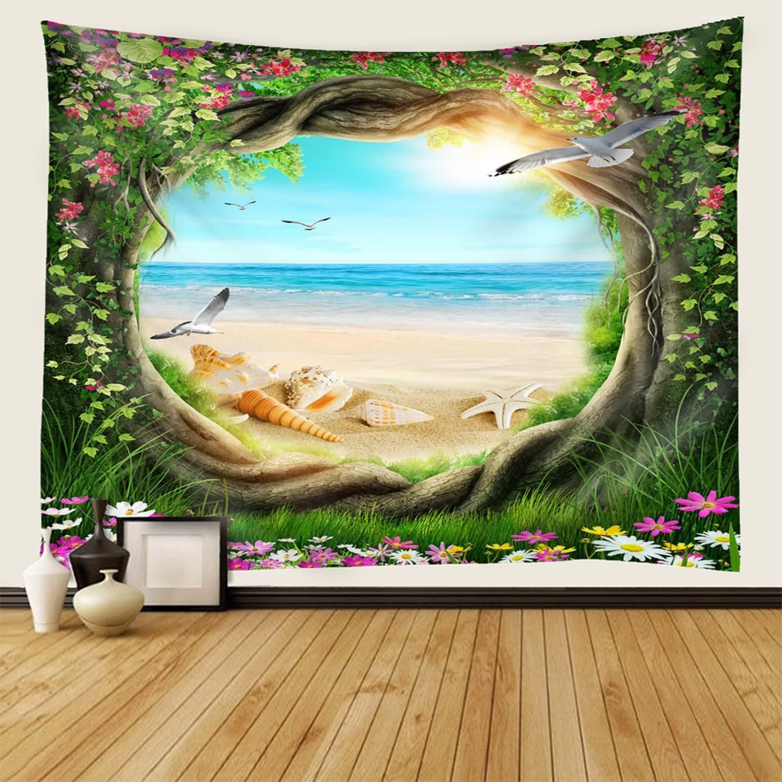 Tolldek Dywan ścienny z motywem natury, 350 x 256 cm, muszla plażowa, kwiaty, drzewo, ozdoba na ścianę, zielona, chusta na ścianę, obrus na stół, dekoracja salonu