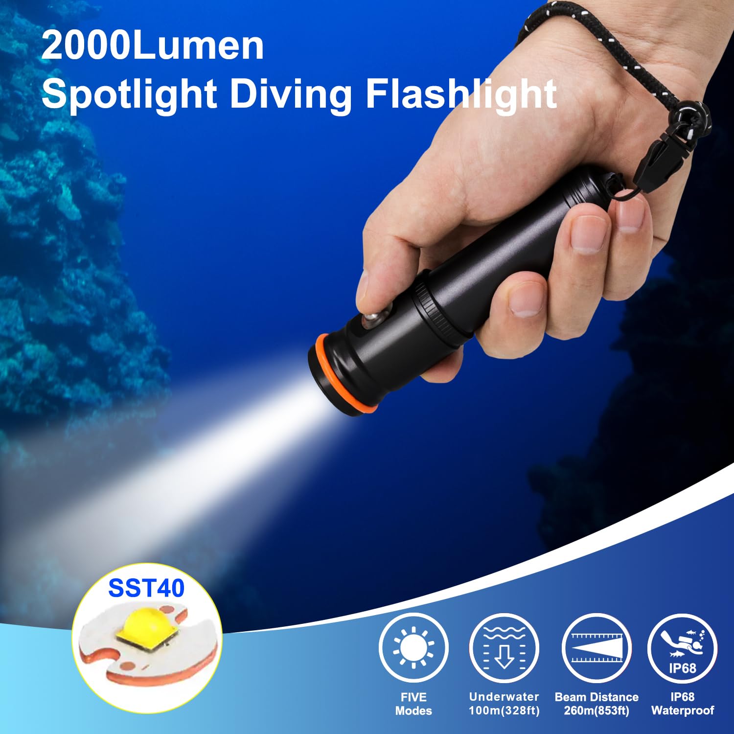 2000 Lumen Professionelle Tauch-Taschenlampe, wiederaufladbar, IP68 wasserdicht, 100 m Unterwasser-Taschenlampe mit Typ-C, Schwarz (Batterie nicht im Lieferumfang enthalten)