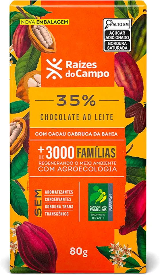 Raízes do Campo Chocolate ao Leite 35% Cacau, Barra de 80g, Sem Aromatizantes e Conservantes