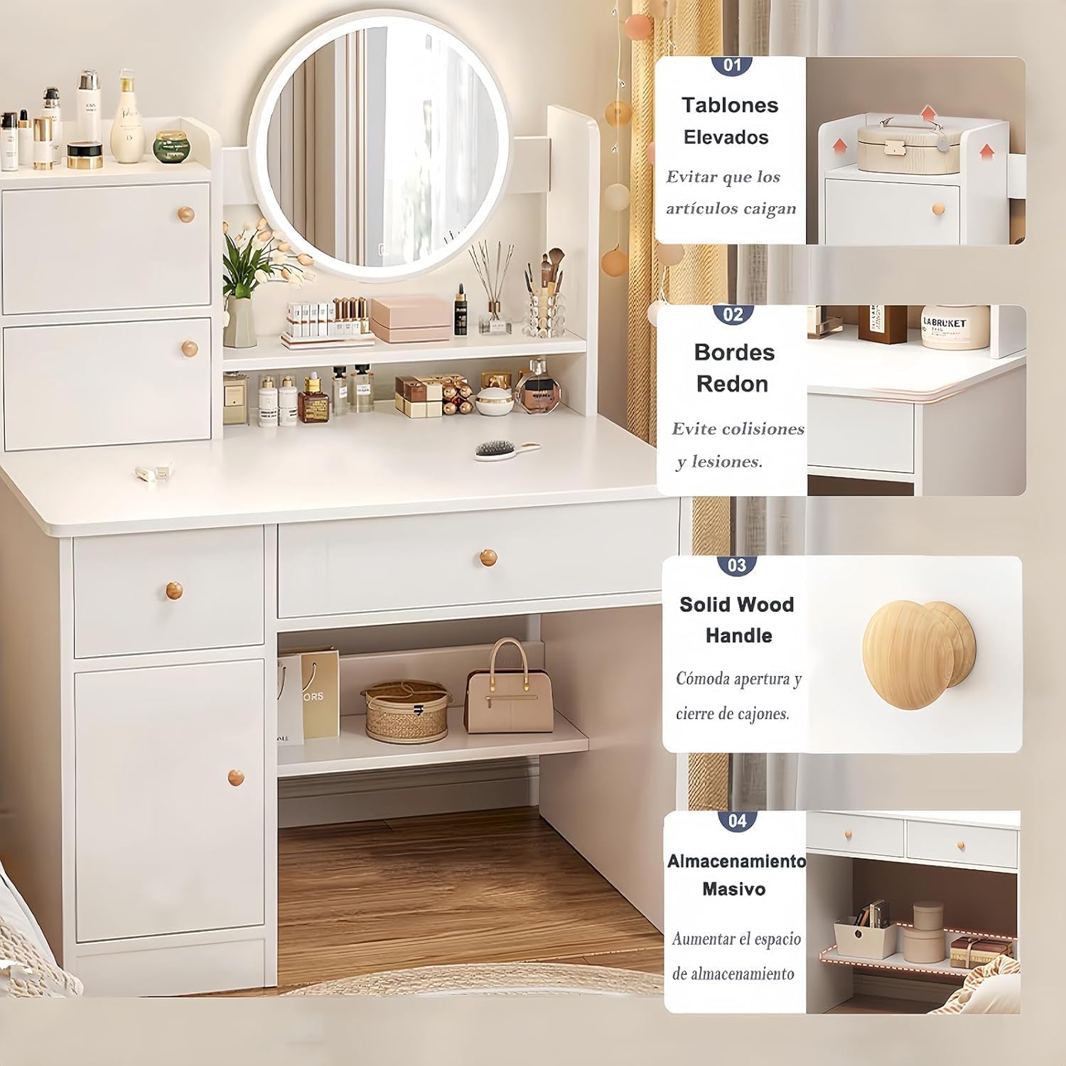 Image highlighting features like raised boards, rounded edges, solid wood handles, and massive storage capacity of the vanity.