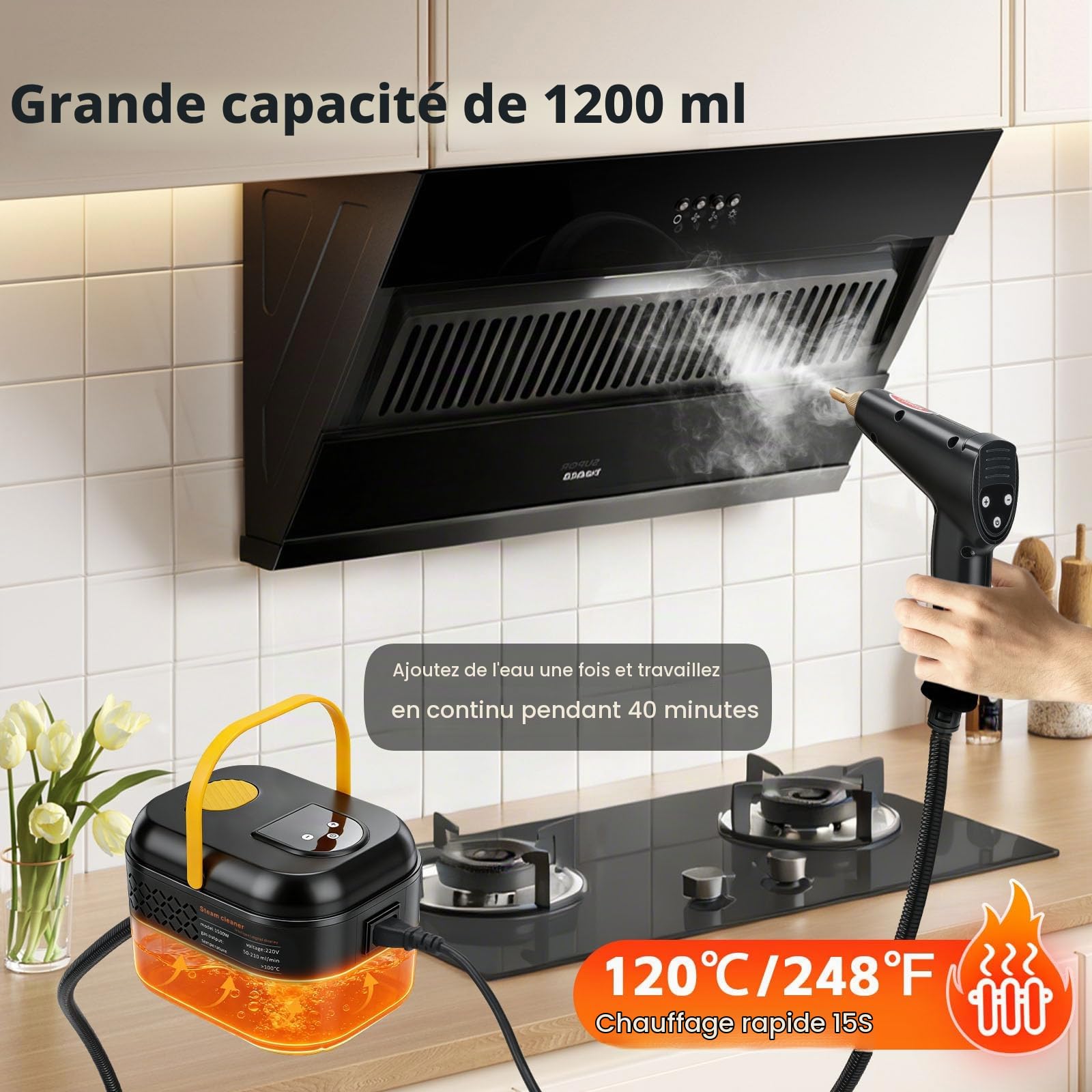 Nettoyeur Vapeur, Nettoyeur Vapeur Portable 1500 W, Nettoyant Vapeur Haute Pression avec réservoir d'eau de 1200 ml, 3 Têtes de Brosse, 6 vitesses réglables, Pour Cuisine, Sols, La Voiture, Fenêtre