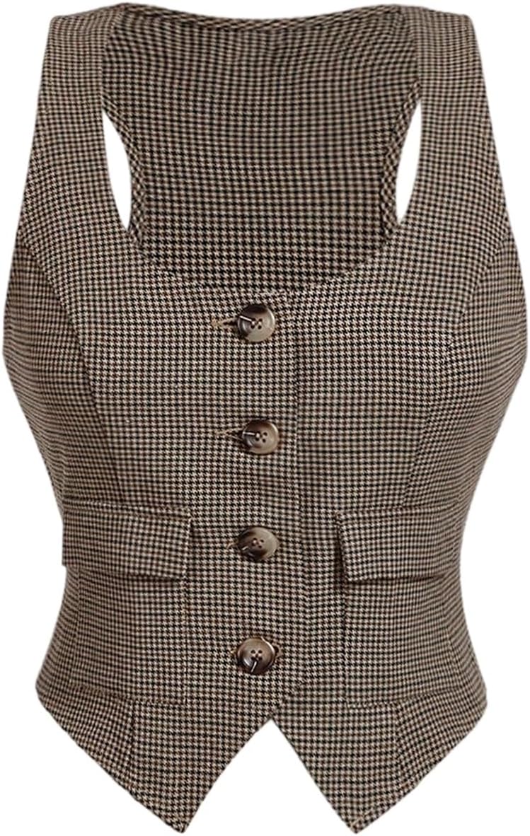 SweatyRocks Women's Vest Top 2025 Button Up Plaid Vest Sleeveless Crop Blazer