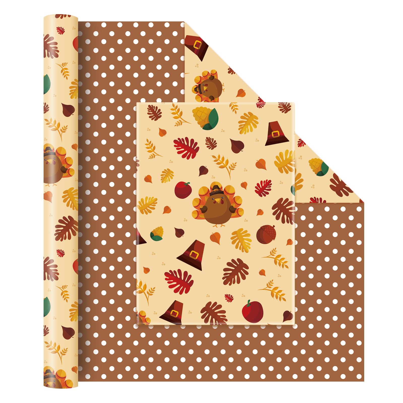 WERNNSAITurkey Forest Wrapping Paper Roll - 1 Roll 17” x 33 ft Brown Party Gift Wrapping Paper Fall Holiday Wrapping Papers Autumn Birthday Wrap Supply for Adults Kids, Polka Dot Reversible