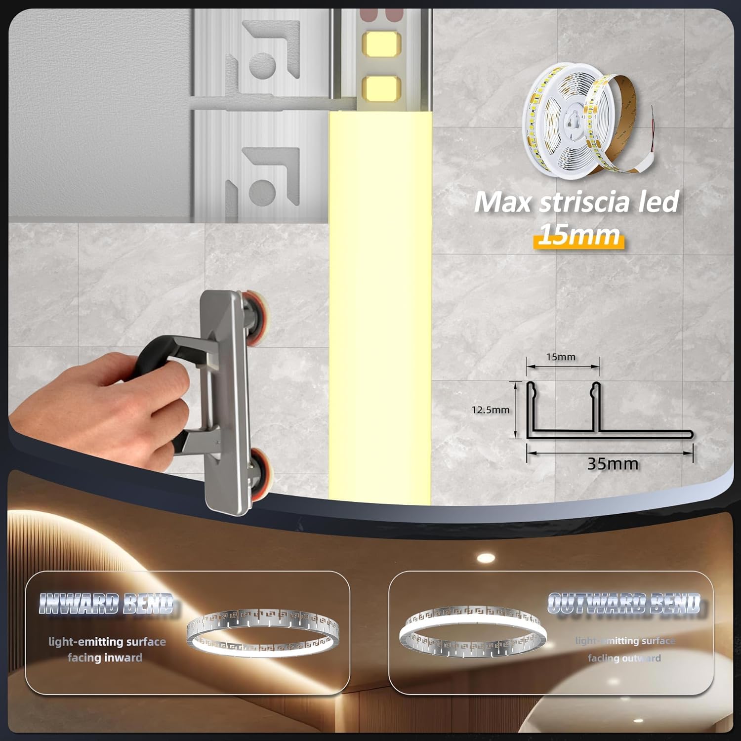 Shine Plus Zestaw profili aluminiowych LED, 20 m (10 x 2 m), elastyczny profil montażowy do płytek i płyt kartonowo-gipsowych, 40 x 12,5 mm, do taśm LED do 15 mm, w zestawie silikonowy dyfuzor i
