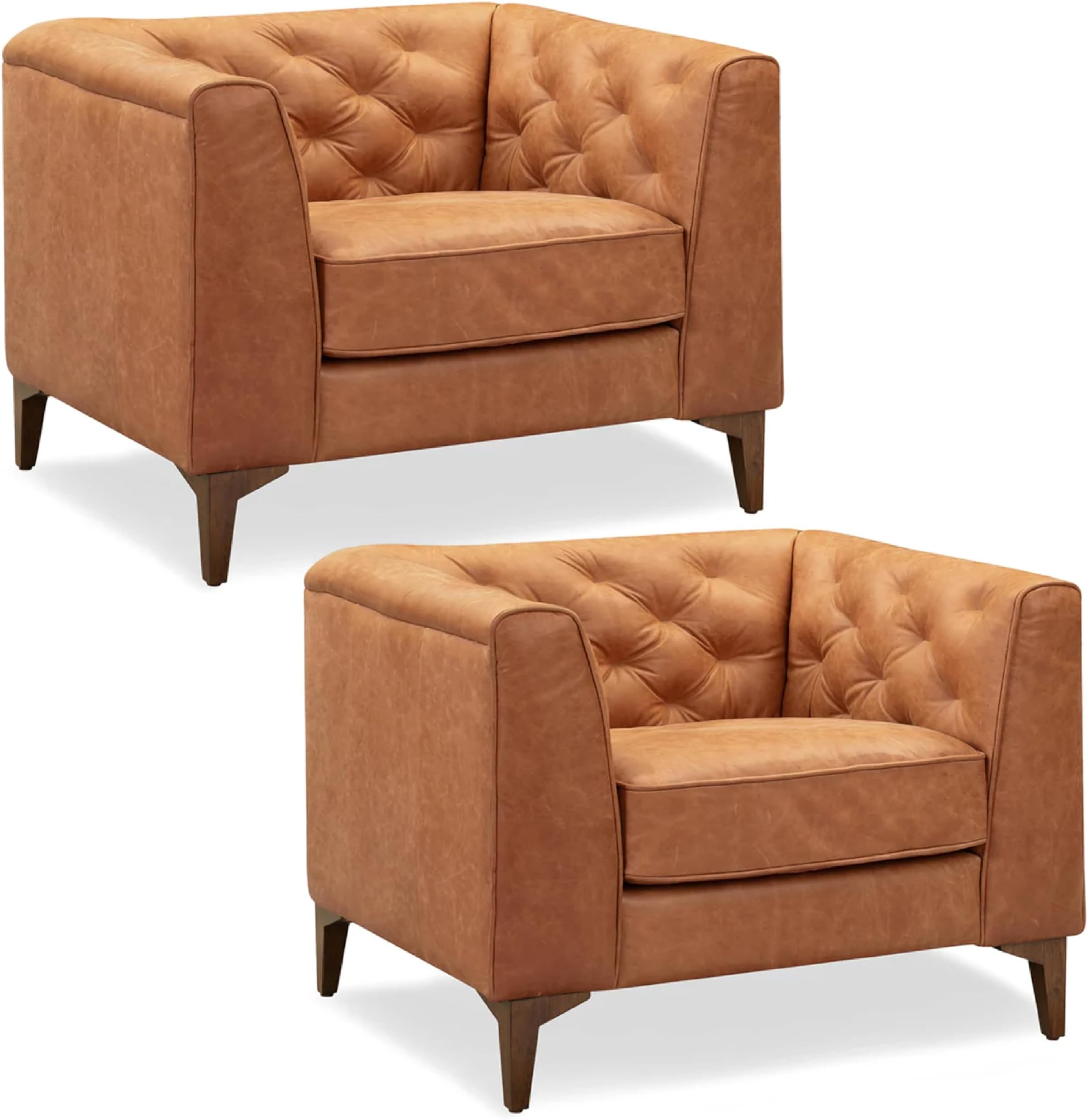 POLY & BARK Essex 40" Lounge Chairs Set of 2 – Cognac Tan Full-Grain Pure-Aniline or Semi-Aniline Italian Leather, Tufted Back & Arms, Feather-Down Cushions, Walnut Wood Legs