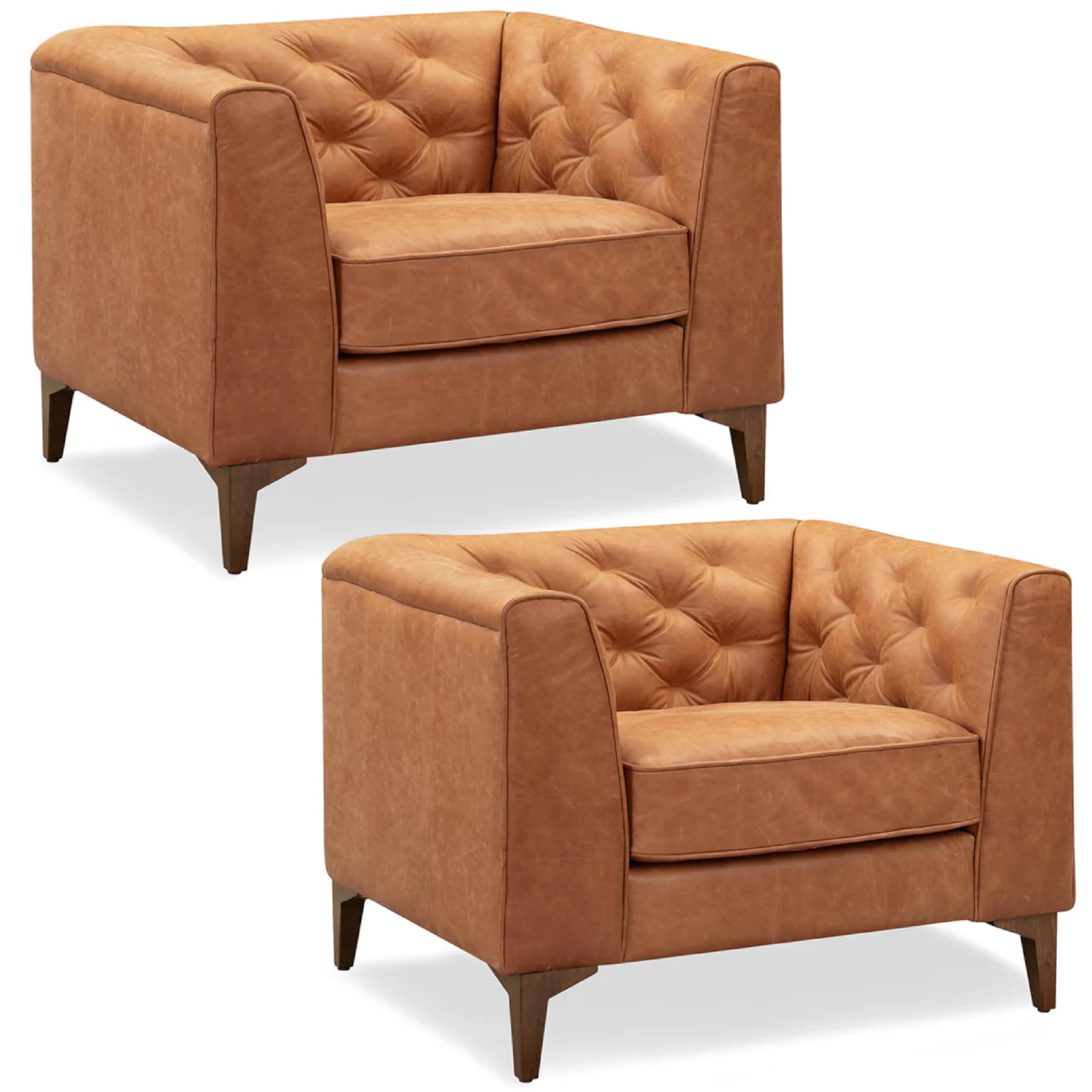 Poly & Bark Essex Lounge Chair - Leather Chair with Tufted Back - Full-Grain Living Room Armchair with Feather-Down Topper - Vintage Italian Leather in Cognac Tan - Set of 2
