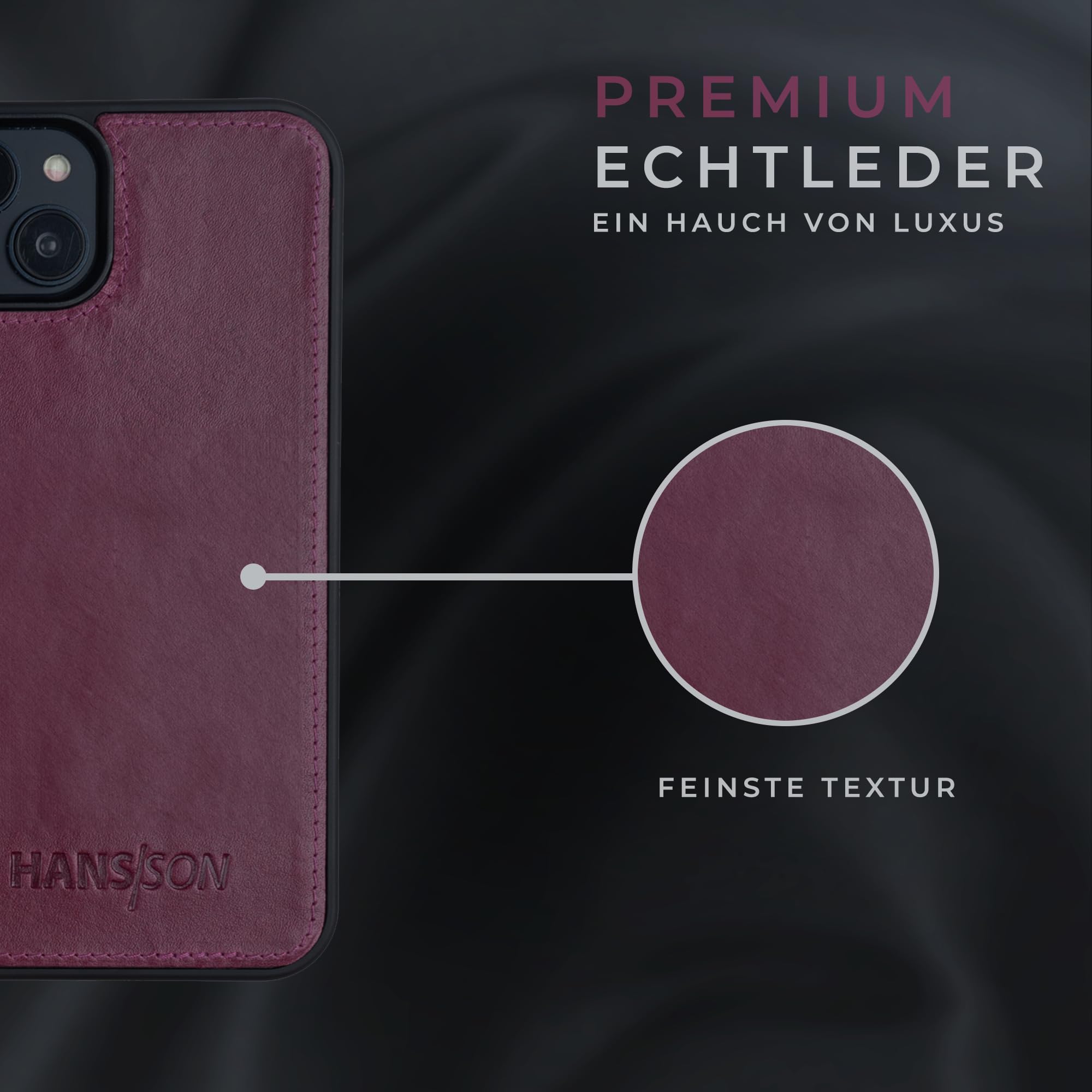HANS/SON Echt-Leder-Handyhülle für iPhone 14 – Schmale 2 in 1 Klapphülle mit Kreditkartenetui, Magsafe kompatibel, perfekte Passform, stoßfest, Standfunktion, 6,1 Zoll – Magenta