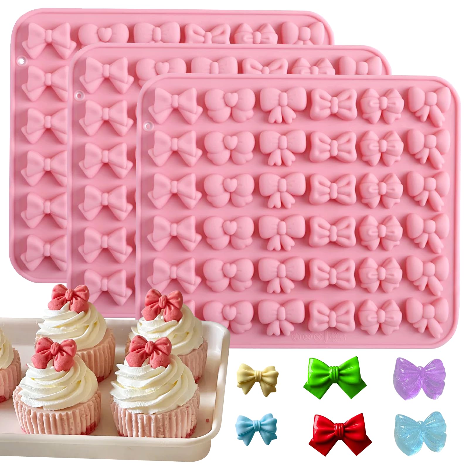 Paquete de 3 moldes de lazo de mariposa, 3 moldes de silicona con 108 cavidades con 6 formas diferentes, perfecto para chocolate, fondant, galletas, pasteles, caramelos, gelatina, pastelería
