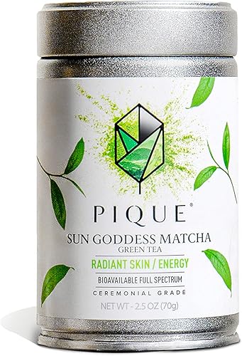Pique Lata matcha orgánica Sun Goddess  Polvo de té verde matcha de grado ceremonial real energía tranquila apoyo inmunológico altos antioxidantes