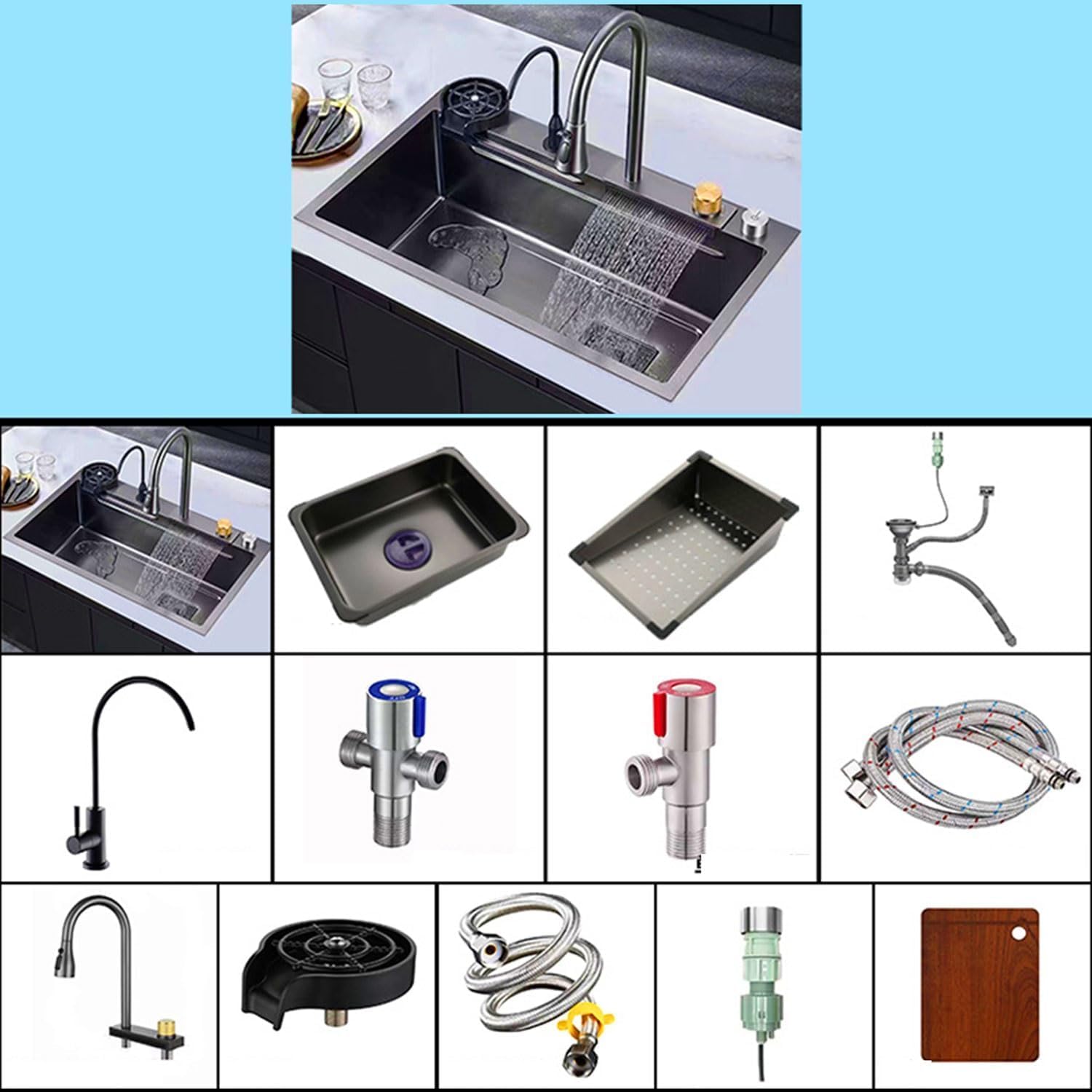Inless - Fregadero de cocina de acero estilo granja, cuenco individual de cascada con grifo extraíble y accesorios y para el hogar moderno