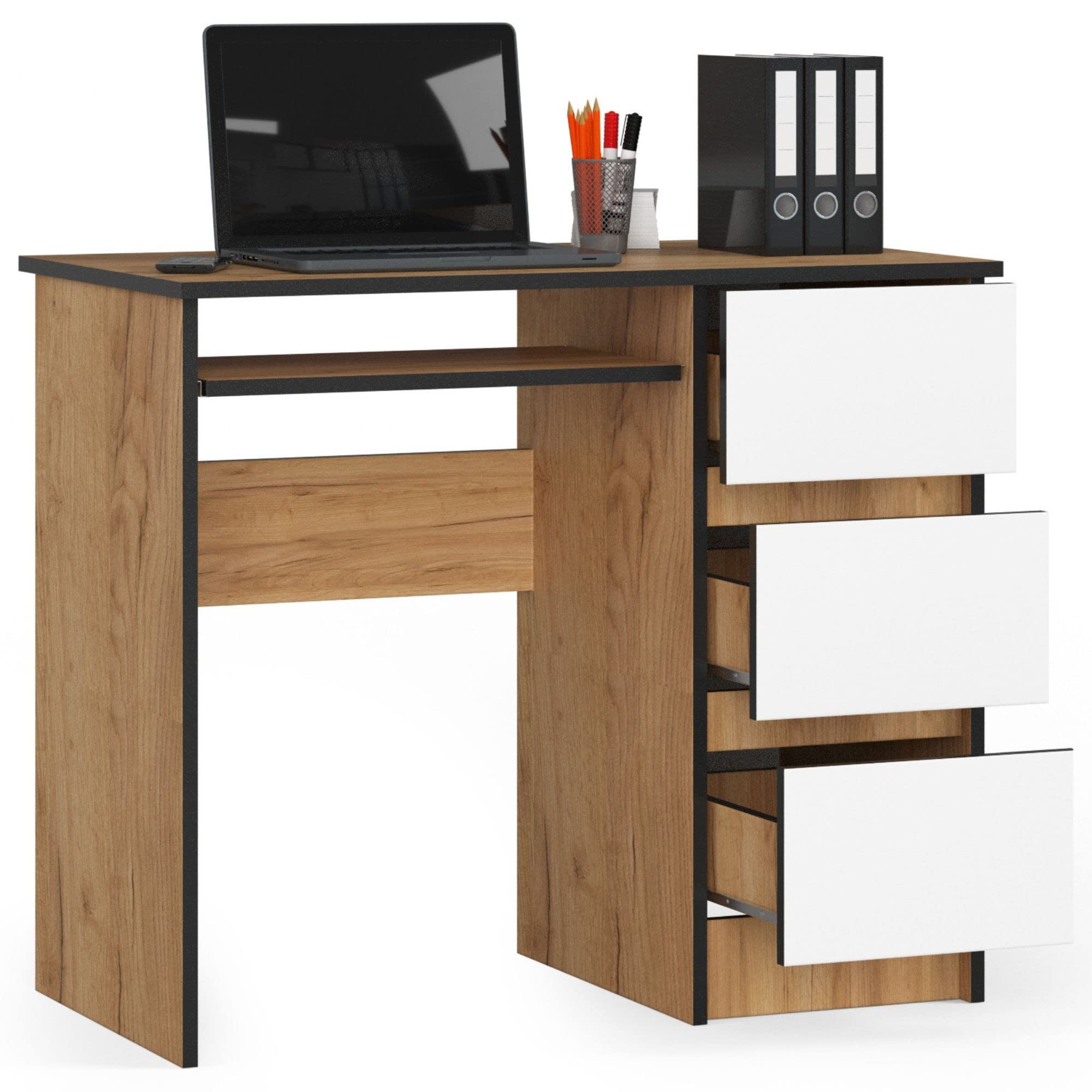 AKORD - Escritorio de ordenador A-6 con tablet teclado | 90 x 77 x 50 cm 30 kg | 3 cajones | Escritorio pequeño PC Mesa | Roble Artisanal/Blanco