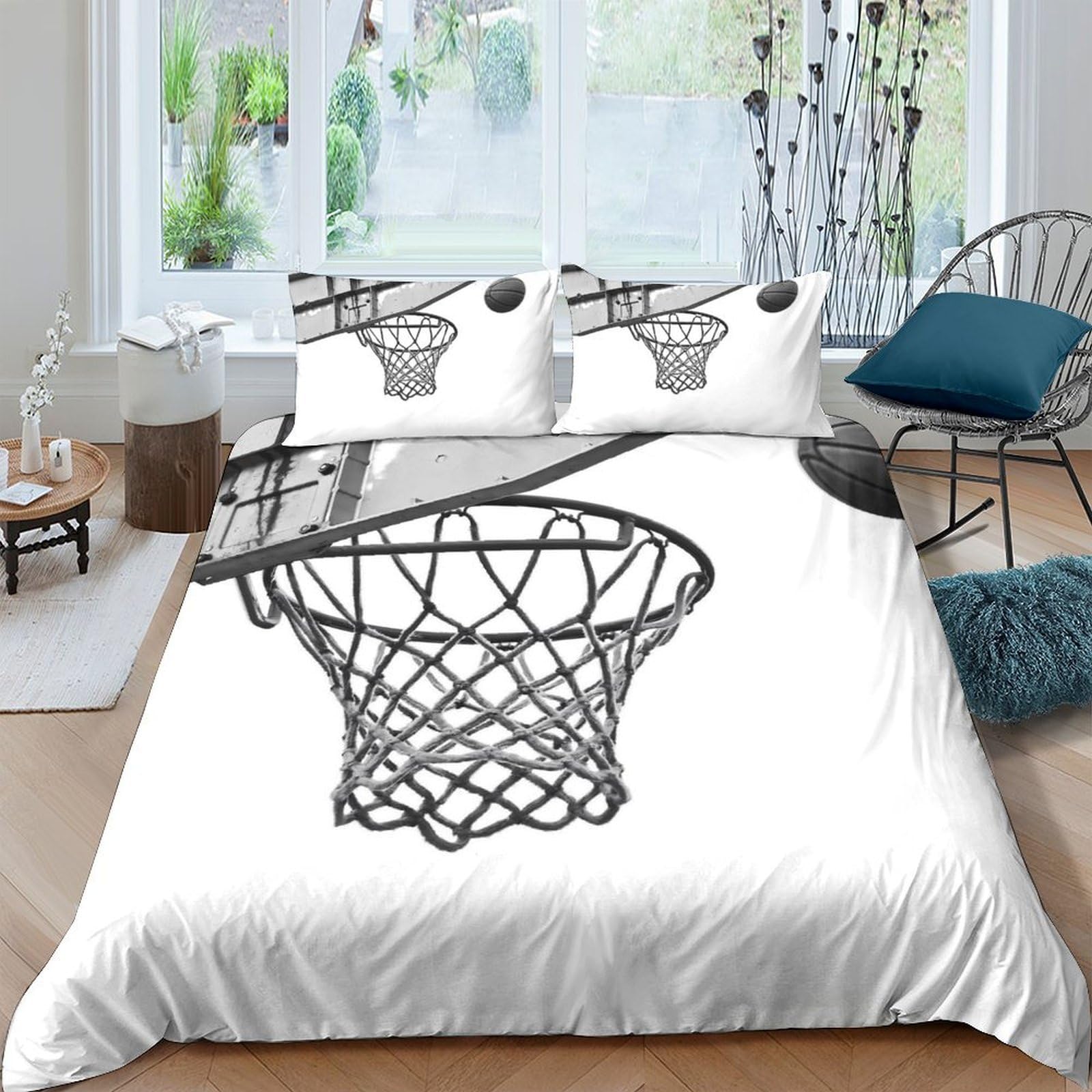 GPLZQXKJNH 3D Printed Basketball Hoop Duvet Cover Microfiber Soft Breathable Sports Bedroom Bedding Set with 2 Pillowcases Single（135x200cm）