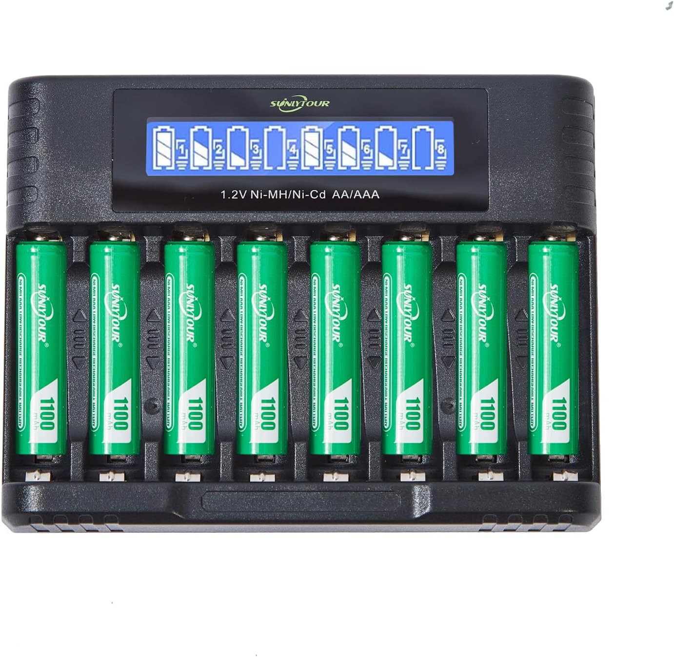 8 pcs 1100mAh AAA Ni-MH Batteries with 8 Slots AAA AA Battery Charger,Recharge up to 1200 Cycles