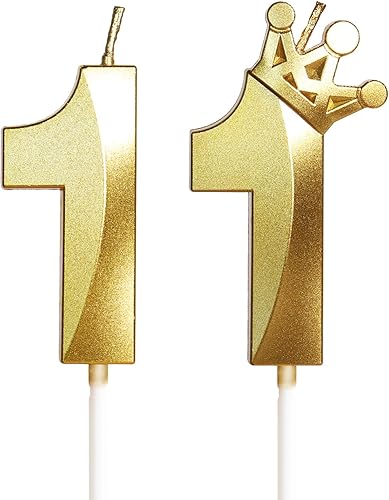 Velas de cumpleaños número 11 para pastel, velas doradas del número 11 con corona, diseño 3D para pastel de cumpleaños para niños, niñas, mujeres,