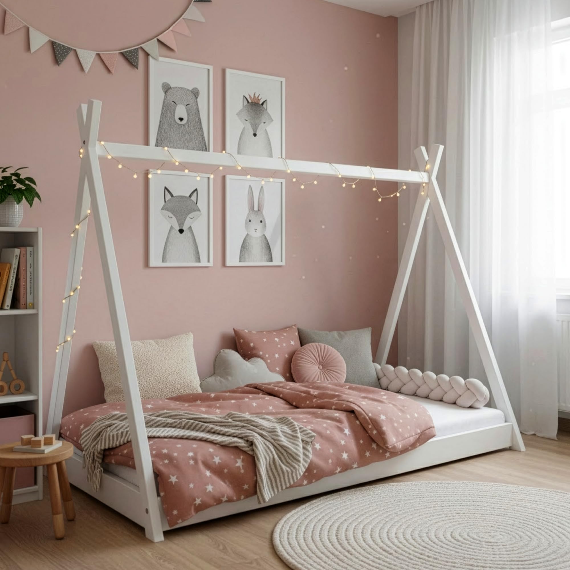 Łóżko dziecięce, młodzieżowe Tipi 90x200 cm w kształcie namiotu | Drewno sosnowe | Montessori | Dla chłopców i dziewczynek | do zabawy, czytania i przytulania - Białe