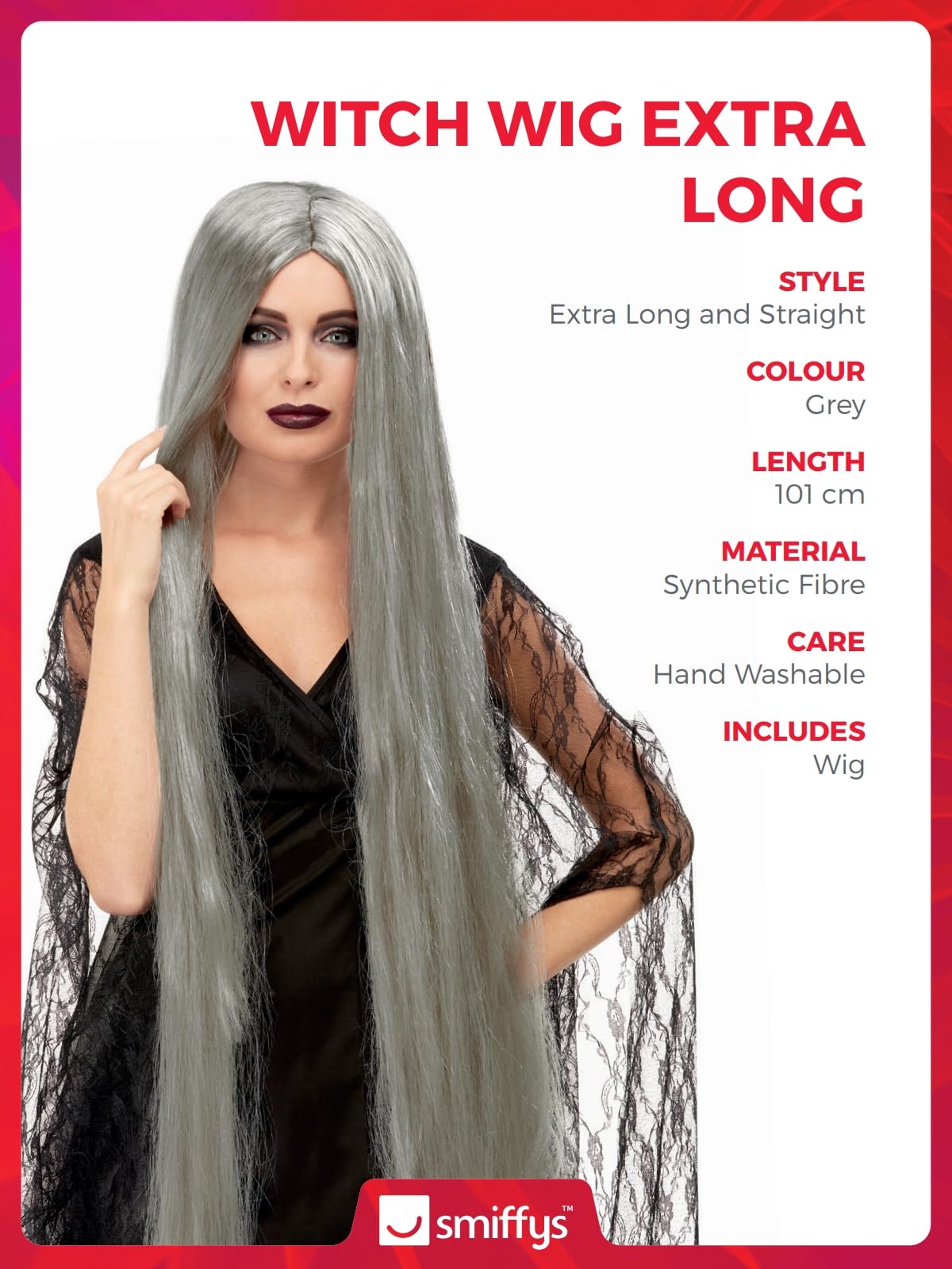 Smiffys Witch Wig Extra Long, Grey 120cm Long, Halloween Fancy Dress Accessory, Witch Dress Up Wigs - Image 3